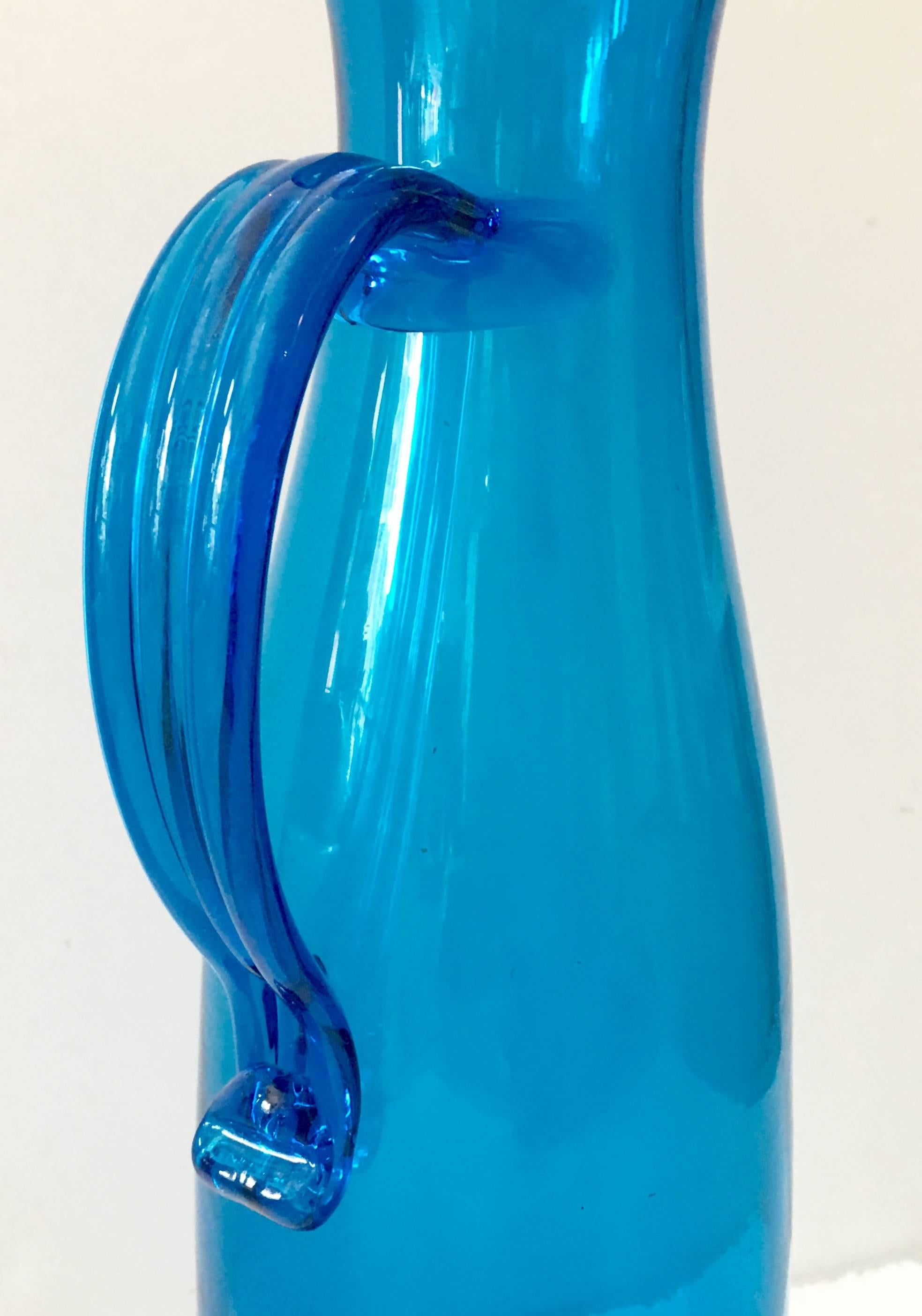 American Blenko Glass Tall Blue Spouted and Applied Handle Pitcher