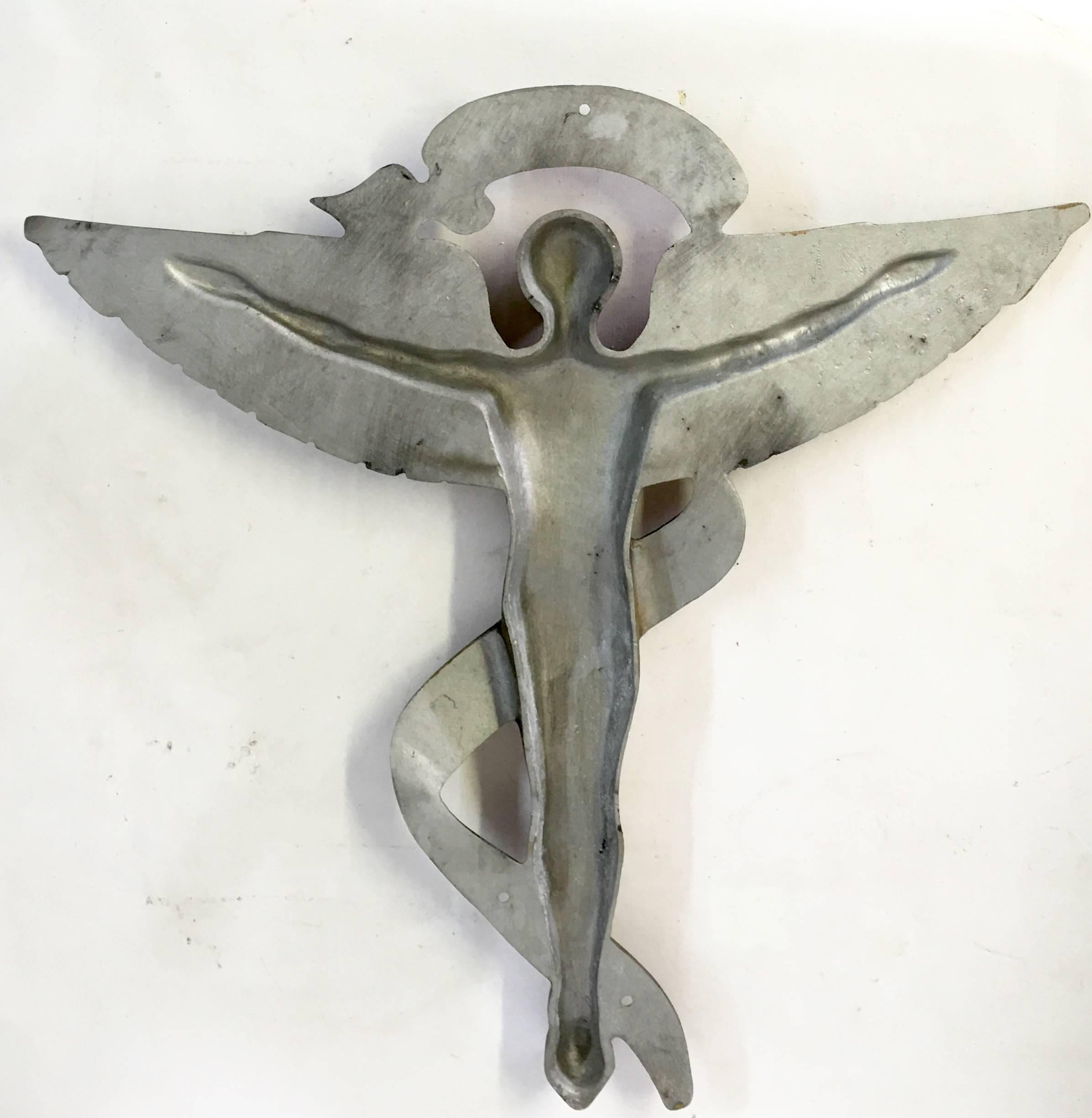 1920s Art Deco Iron 3D Figural Caduceus Health Chiropractic Sign In Excellent Condition In West Palm Beach, FL