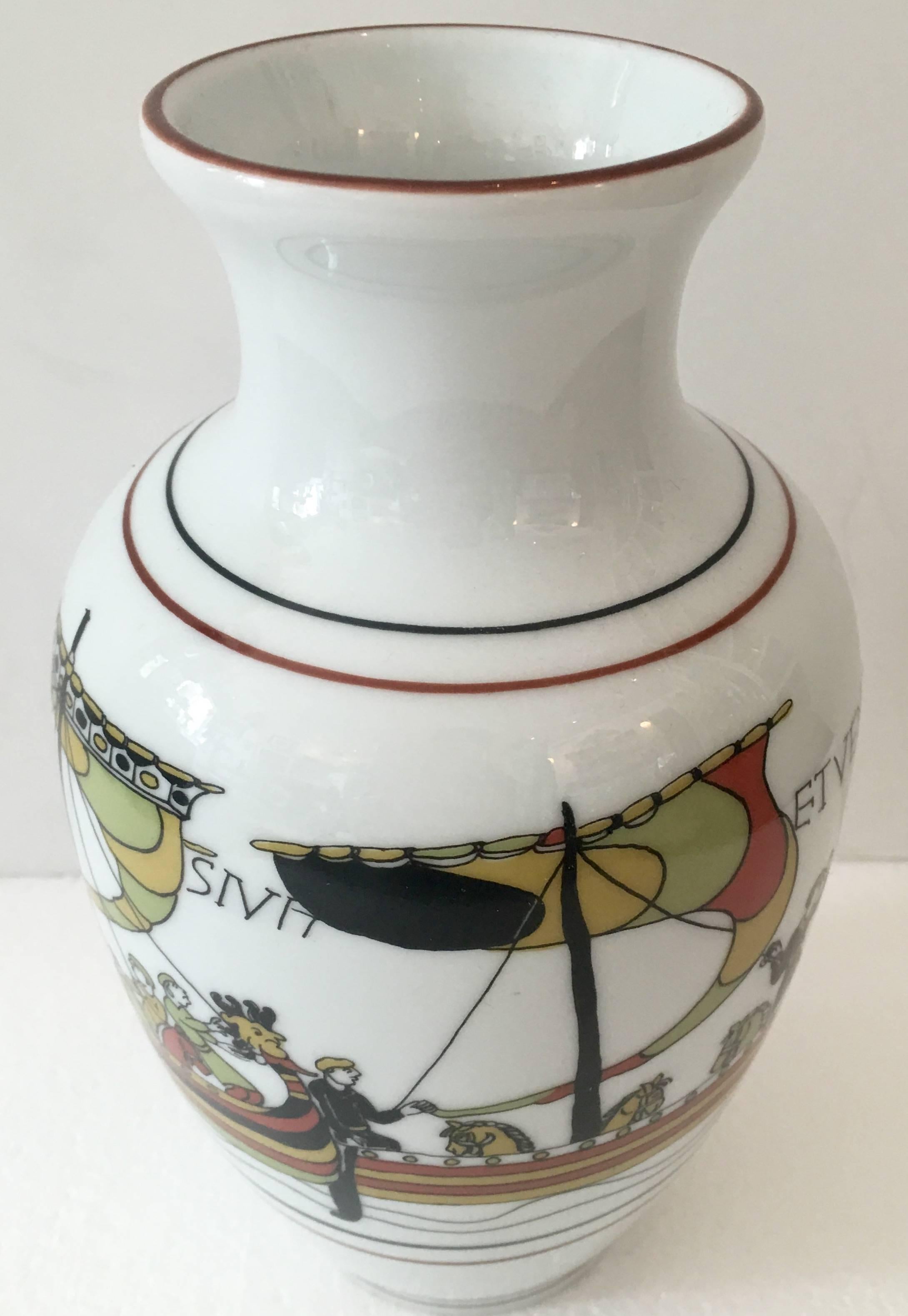 Rare 1940s French Limoges porcelain vase by Bayeux. Viking boat motif with the words, Tran Siva Et Venini. Hand-painted and signed on the underside, TM BX Limoges, France. Bayeux was a Limoge manufacturer located in Calvados Normandy, France.