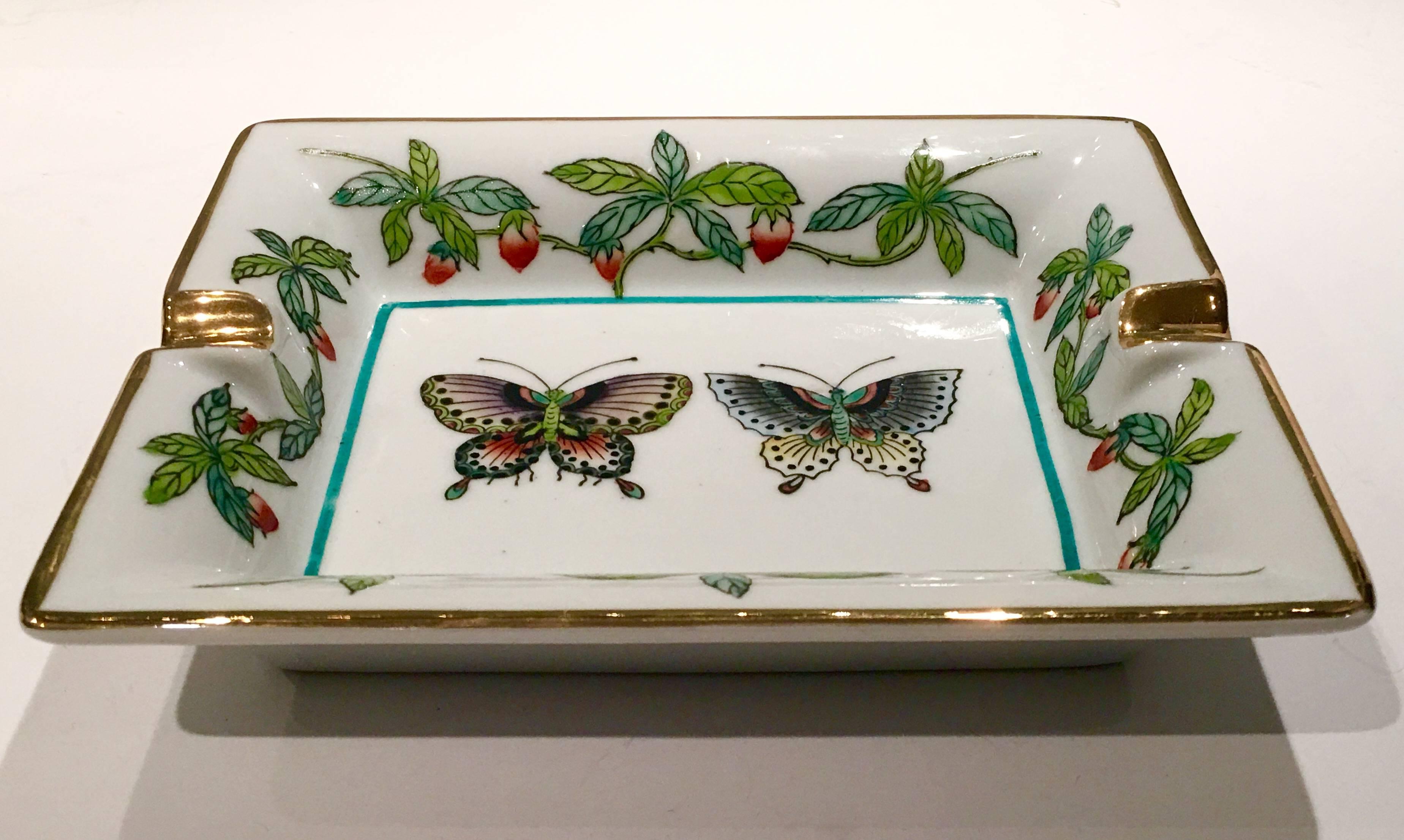 Chinese export porcelain butterfly motif with 22-karat gold detail Hermes style ashtray.