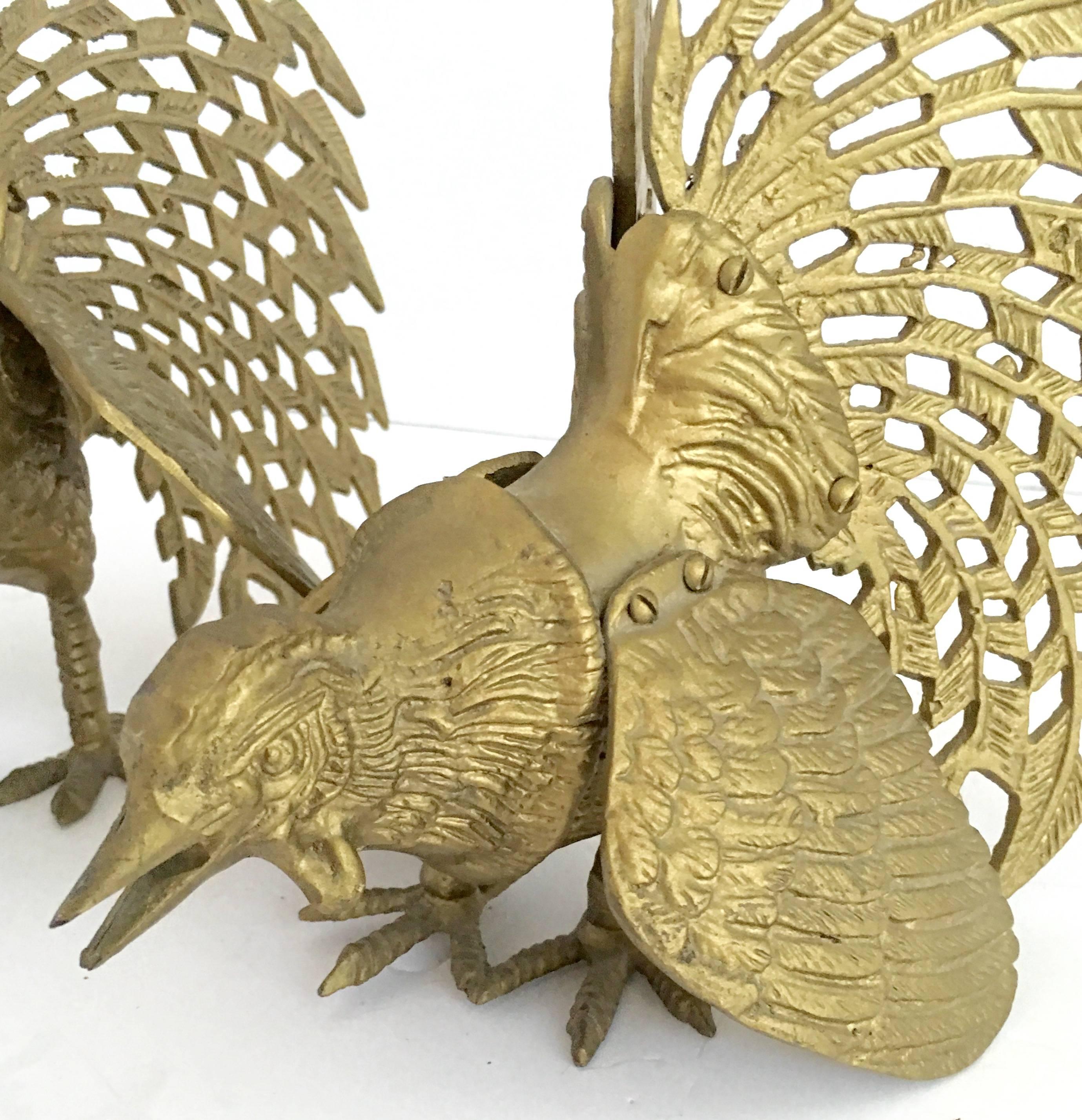 Pair of Italian Solid Brass Fighting Rooster Sculptures In Excellent Condition In West Palm Beach, FL