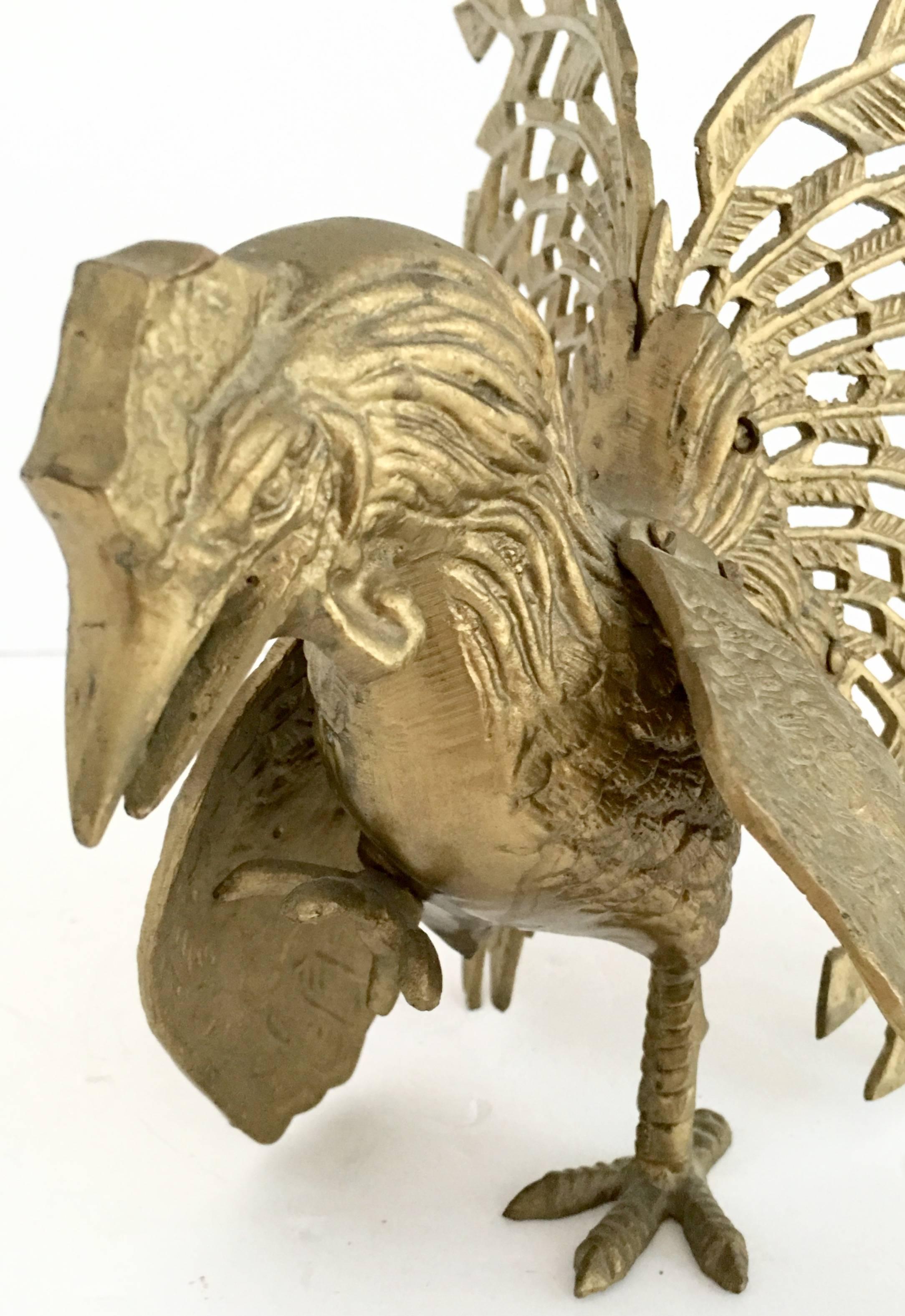 20th Century Pair of Italian Solid Brass Fighting Rooster Sculptures