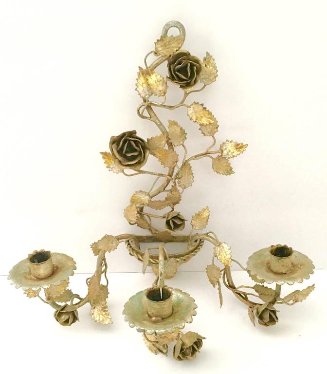 Pair Of Vintage Italian Gilt Tole Brass Three-Light Candelabra Wall Sconces For Sale at 1stdibs