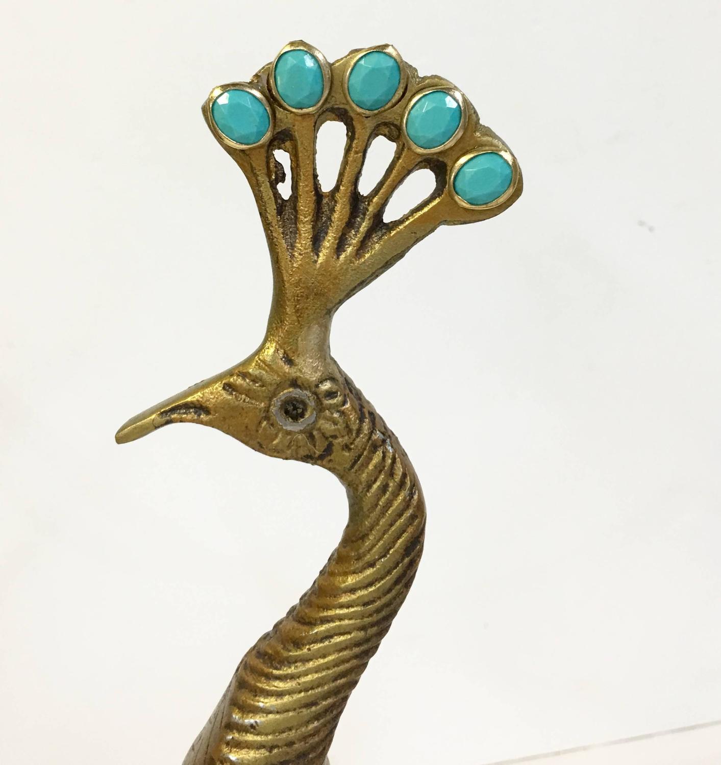 Vintage Carved Brass Two Tone Peacock Sculpture For Sale at 1stdibs