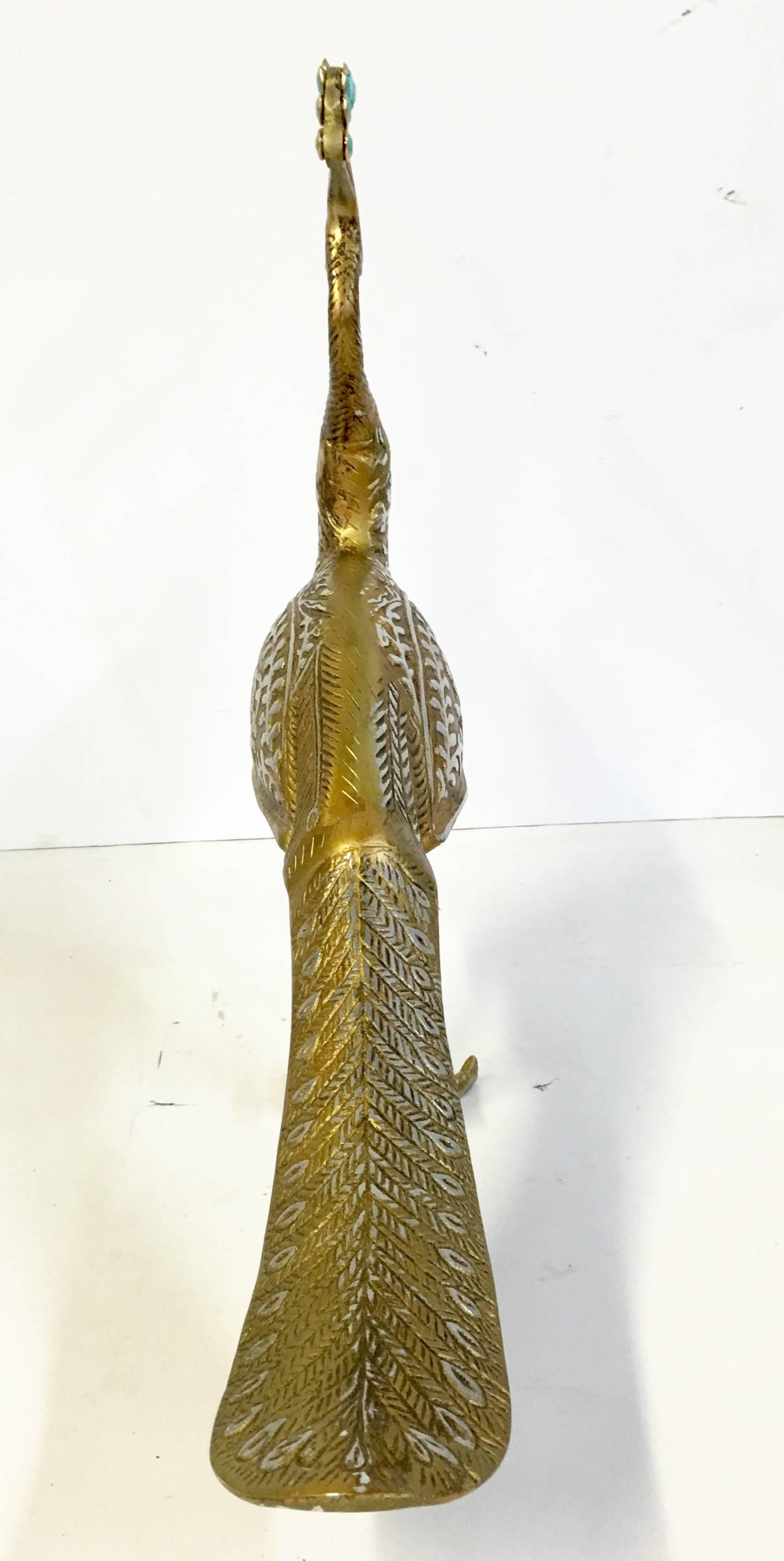 20th Century Vintage Carved Brass Two Tone Peacock Sculpture
