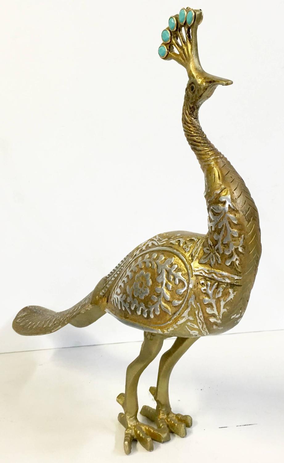 Vintage Carved Brass Two Tone Peacock Sculpture For Sale at 1stdibs