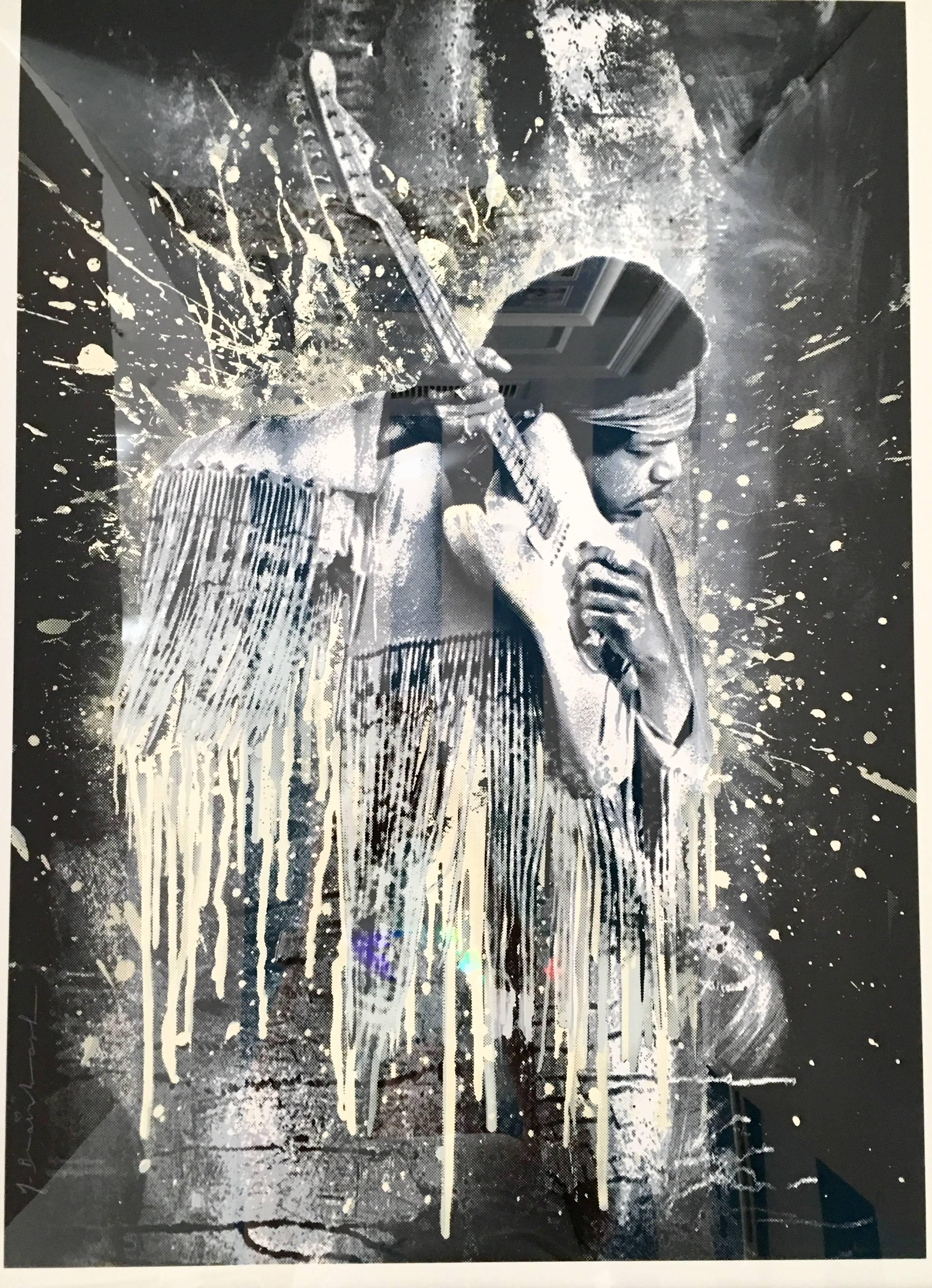 Original five color screen-print rare limited edition of 70 lithograph on torn edge archival paper of Jimi Hendrix in silver by, Mr. Brainwash framed. Hand signed and numbered lower left, Mr. Brainwash. Framed in a black wood frame under