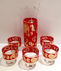 Mid-Century Modern Culver Red and 22-Karat Gold Paisley Drinks S/7