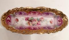 Antique Hand Painted Gilt Gold Rose & Bow Oval Dish-Germany