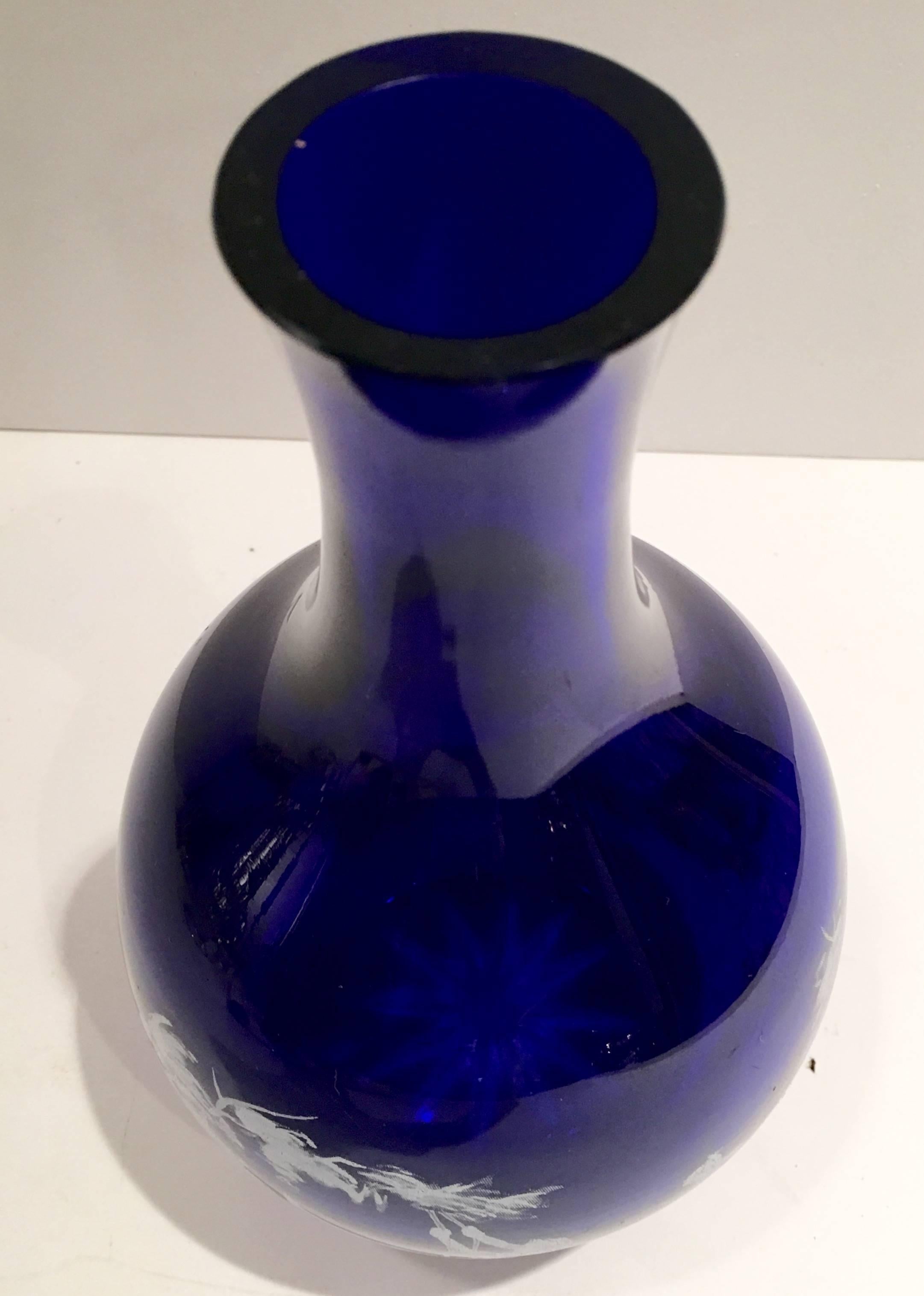American Antique Mary Gregory Cobalt Glass Bedside Carafe and Tumbler