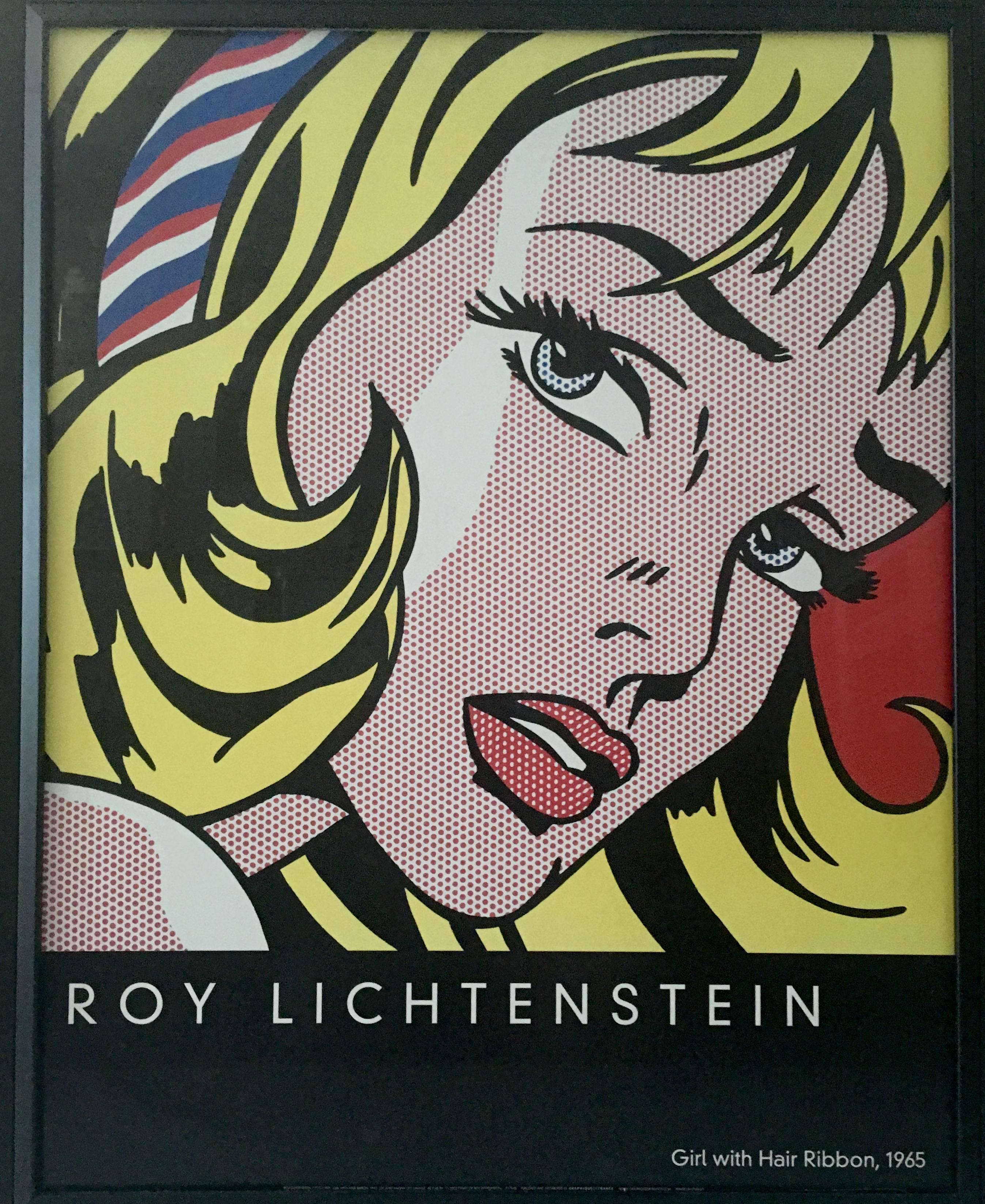 2003 edition lithograph "Girl with Hair Ribbon" 1965 by, Roy Lichtenstein. Bottom reads, oil on magna on canvas 48x48 In. 2003 Estate of Roy Lichtenstein,y1794D .Published and distributed by QueDeFrance Printed In France. Professionally