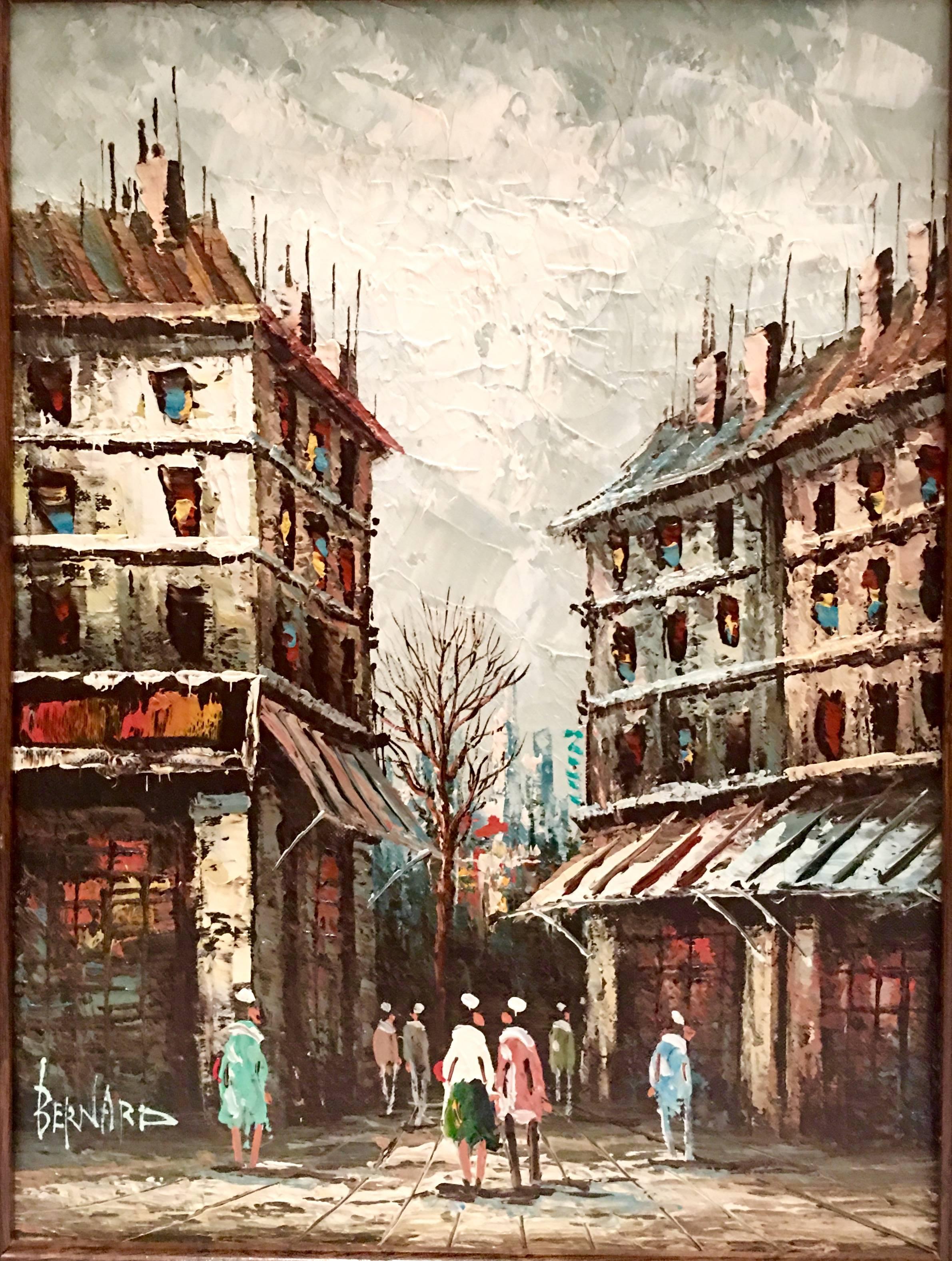 Impressionist oil on canvas Paris street scene original oil painting on canvas signed, Bernard lower left. Great texture and movement wet look details. Original wood frame with a high gloss finish. Image size, 16