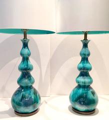 Fine Pair Of Italian Mid-Century Modern Ceramic Glaze Four Gourd "Lava" Lamps