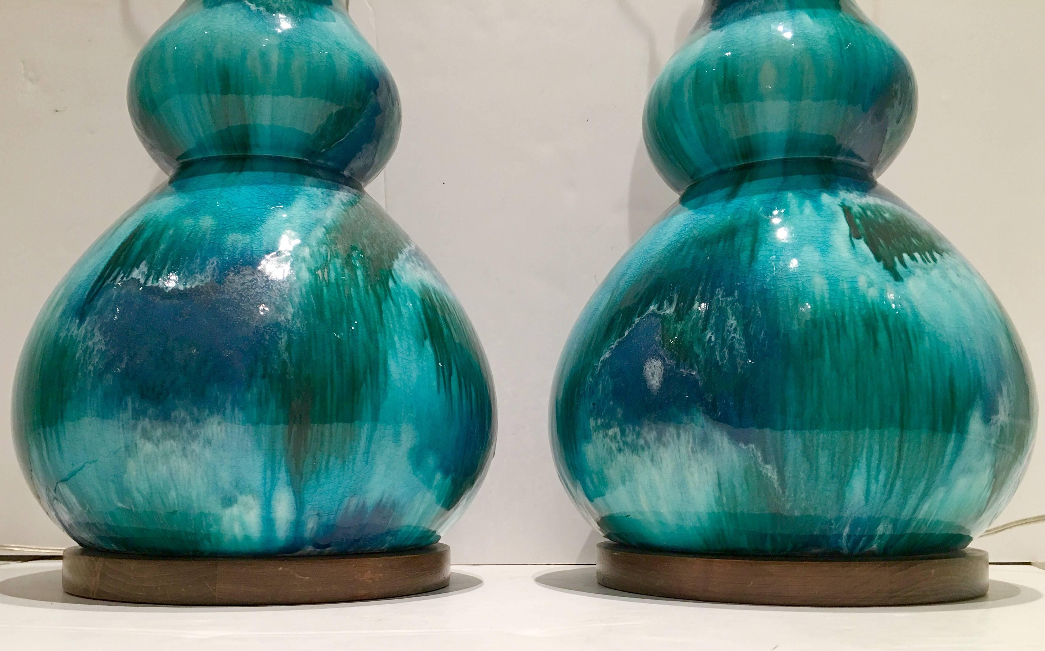 20th Century Fine Pair Of Italian Mid-Century Modern Ceramic Glaze Four Gourd 