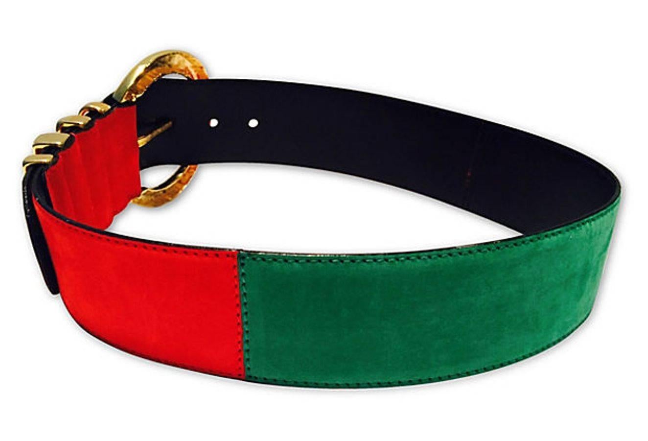 Vintage Escada statement piece suede leather gold plated brass hardware green and red color block belt. Signed on the underside, Escada, Made in Western Germany.