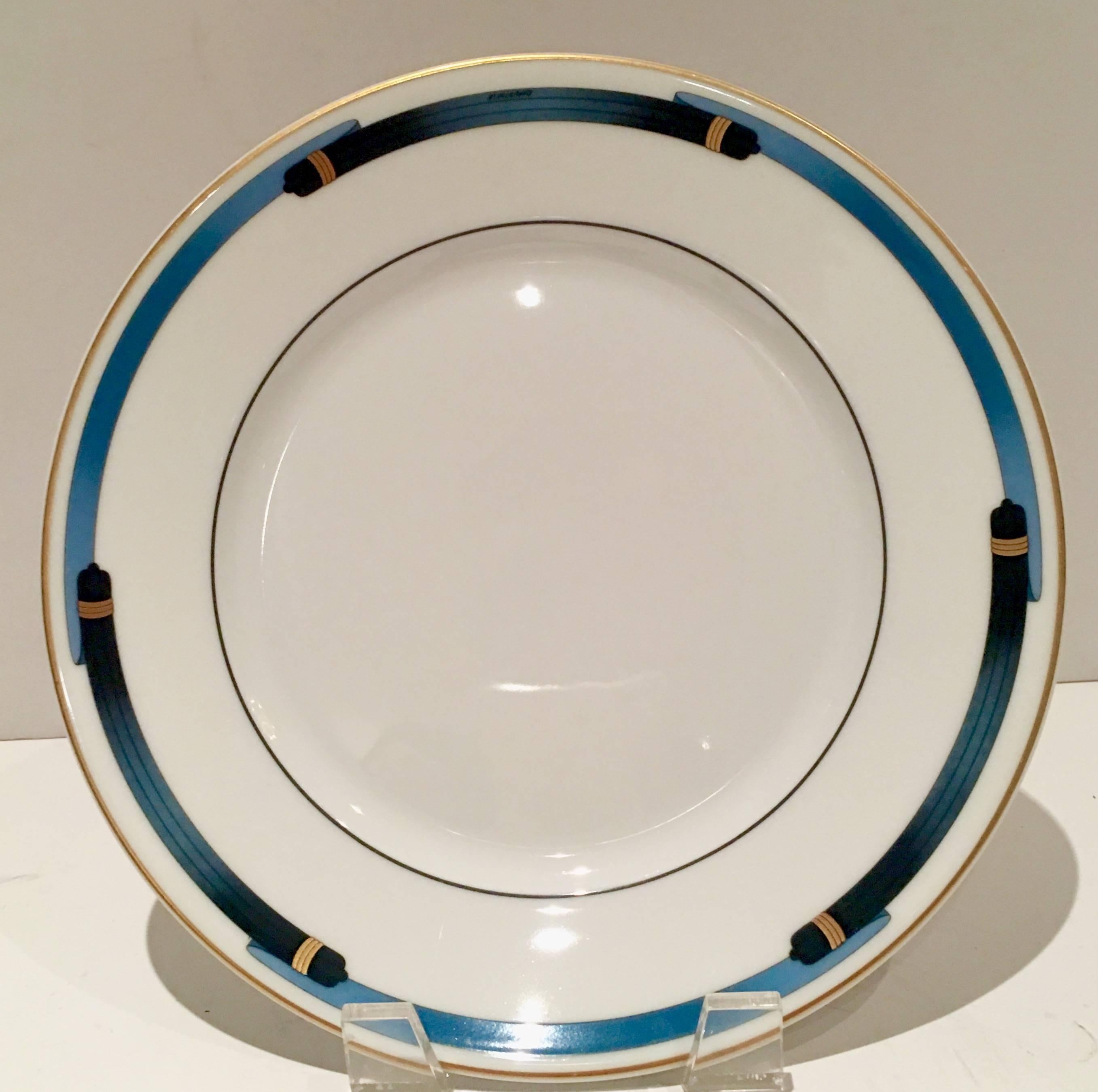 Extremely Rare 1990'S Art Deco design "Iriana Bleu" porcelain -Limoge dinnerware set of 18-pieces.. The 18-piece set includes four dinner plates 11" diameter, four salad/dessert plates 8.75" diameter, three rim soup bowls