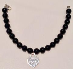 Tiffany & Co. Silver Heart Tag 7.5' Black Onyx Bead Bracelet