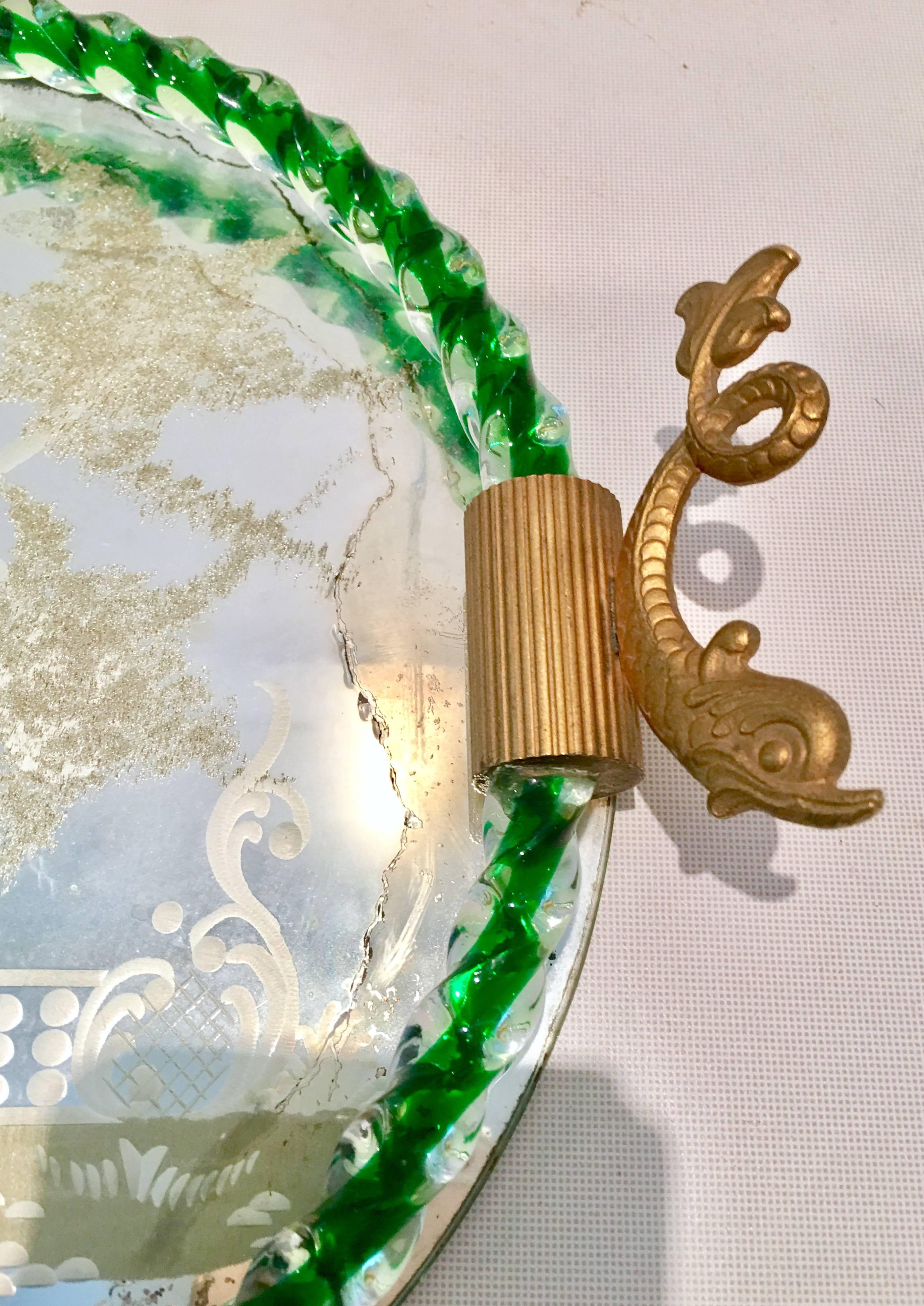 Italian Venetian Etched Mirror and Emerald Murano Glass Rope Gilt Dolphin Handle Tray