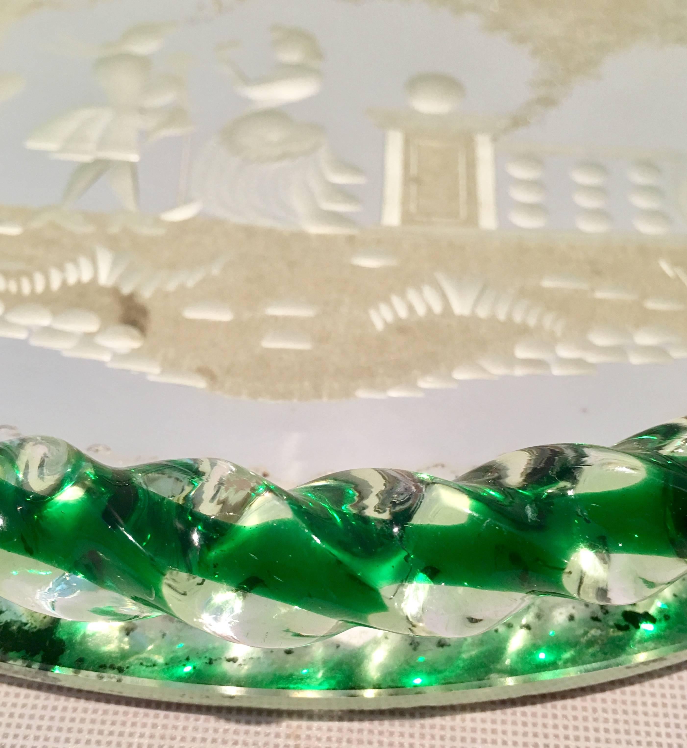 20th Century Venetian Etched Mirror and Emerald Murano Glass Rope Gilt Dolphin Handle Tray