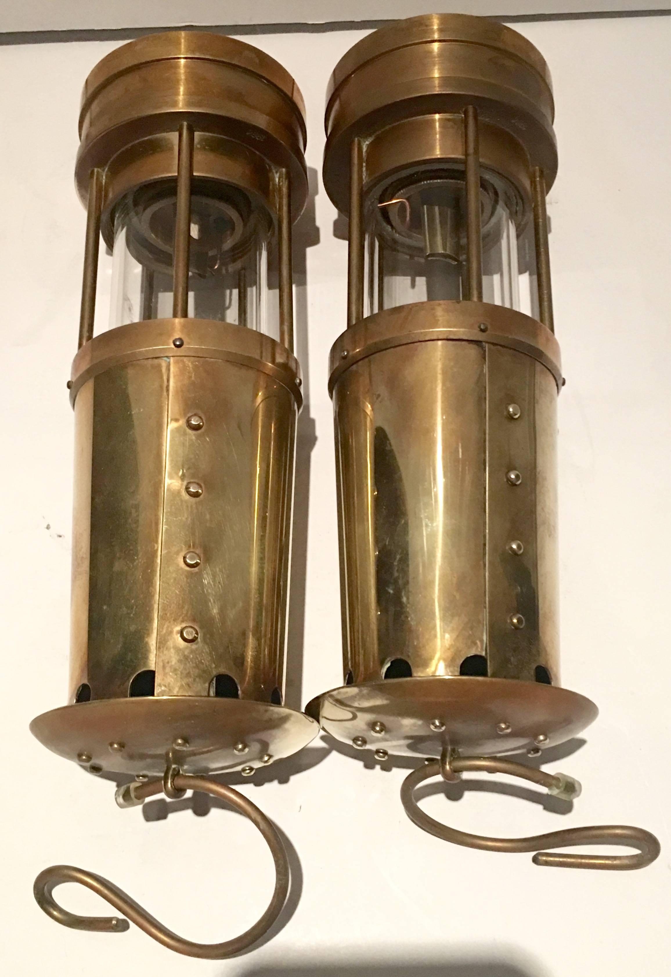 Pair of British Brass Hanging Miners Lanterns by, E. Thomas & Williams-Wales In Excellent Condition In West Palm Beach, FL
