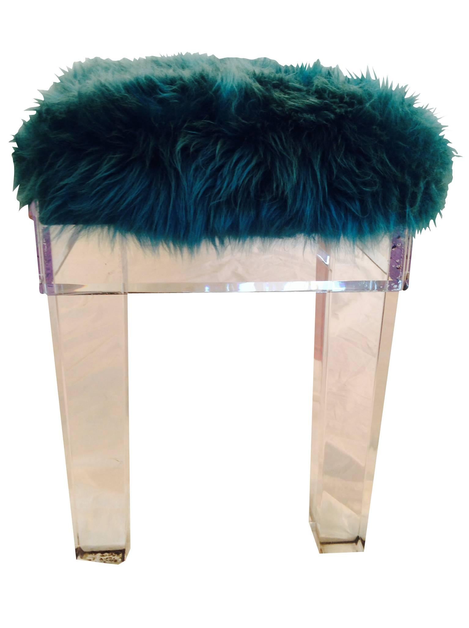 American 21st Century Lucite Slab & Mongolian Fur Upholstered Long Bench For Sale