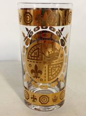 S/6 Mid-Century 22-carat Gold and Blue Fleur De Lis High Ball Glassses