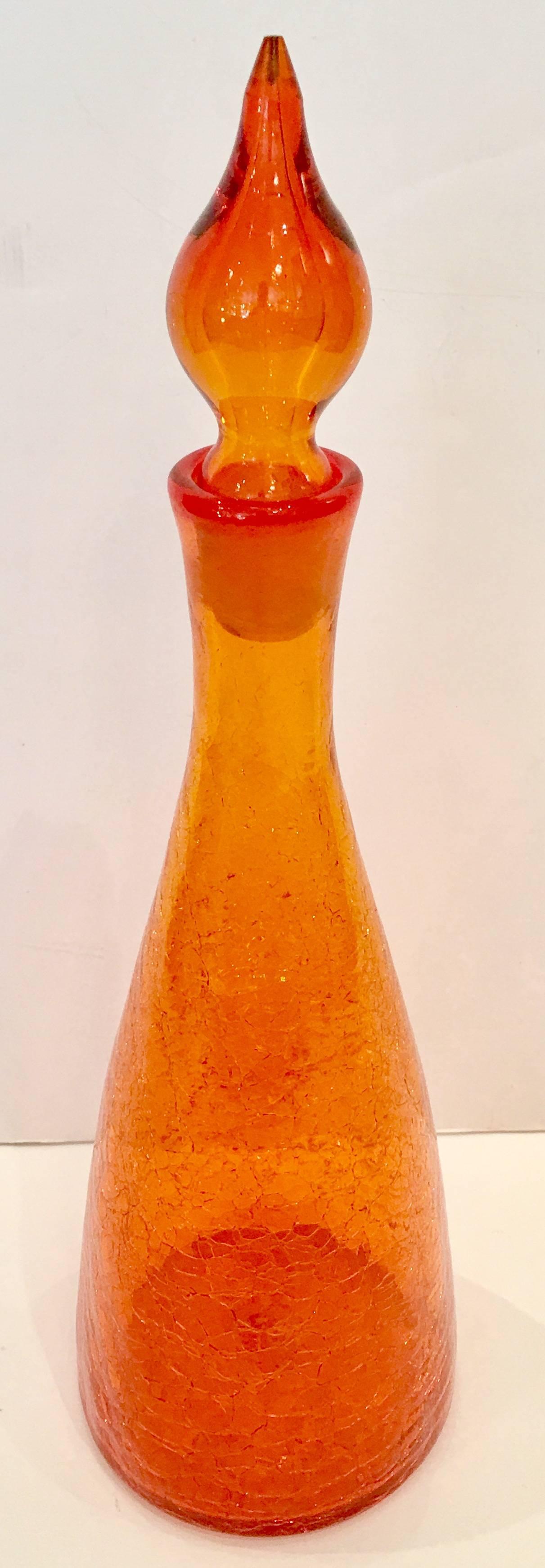1950'S Blenko tangerine crackle glass decanter with stopper designed by Winslow Anderson.