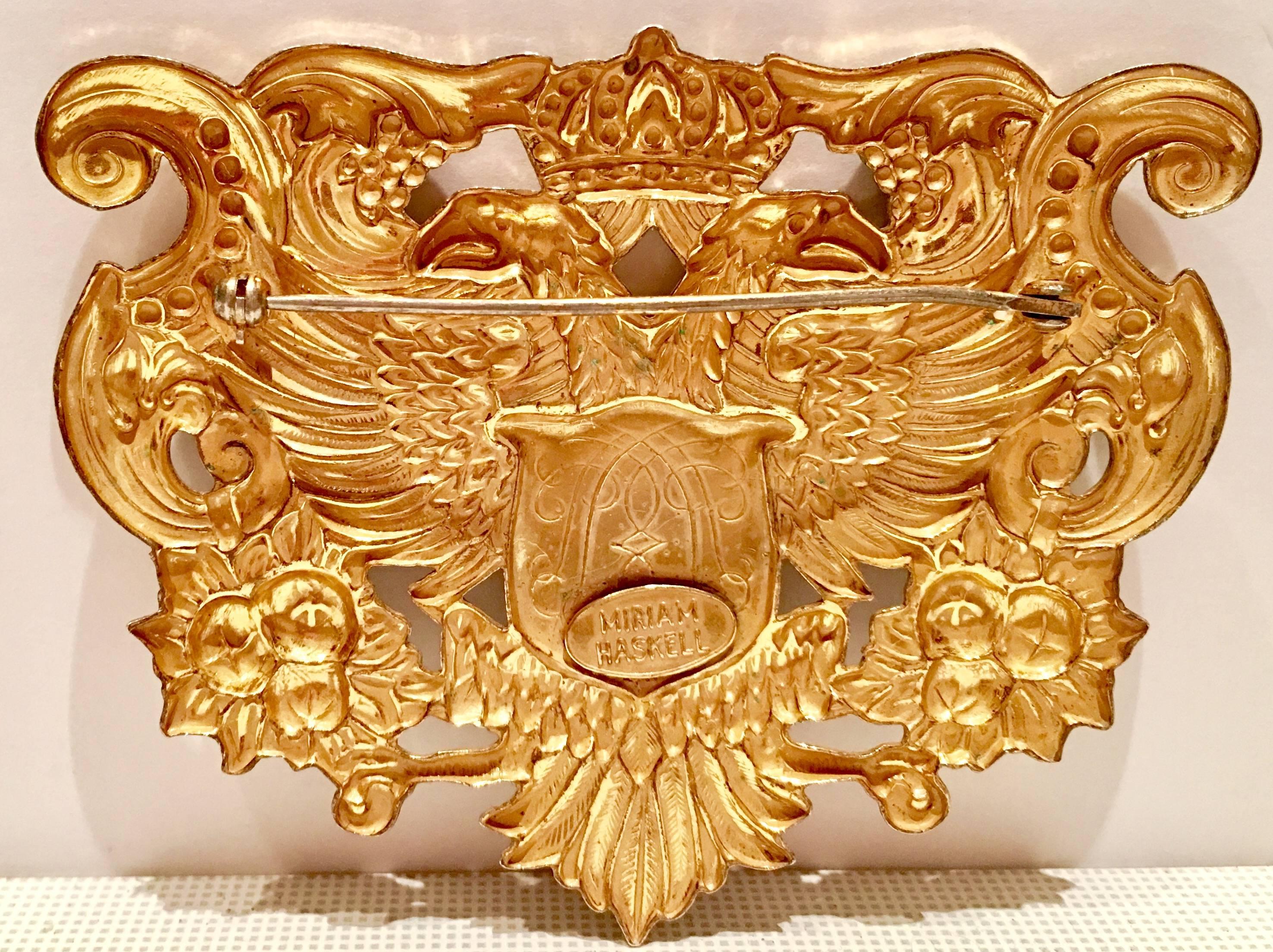 20th Century Miriam Haskell 22-Karat Russian Gold Crest Phoenix Coate of Arms Brooch