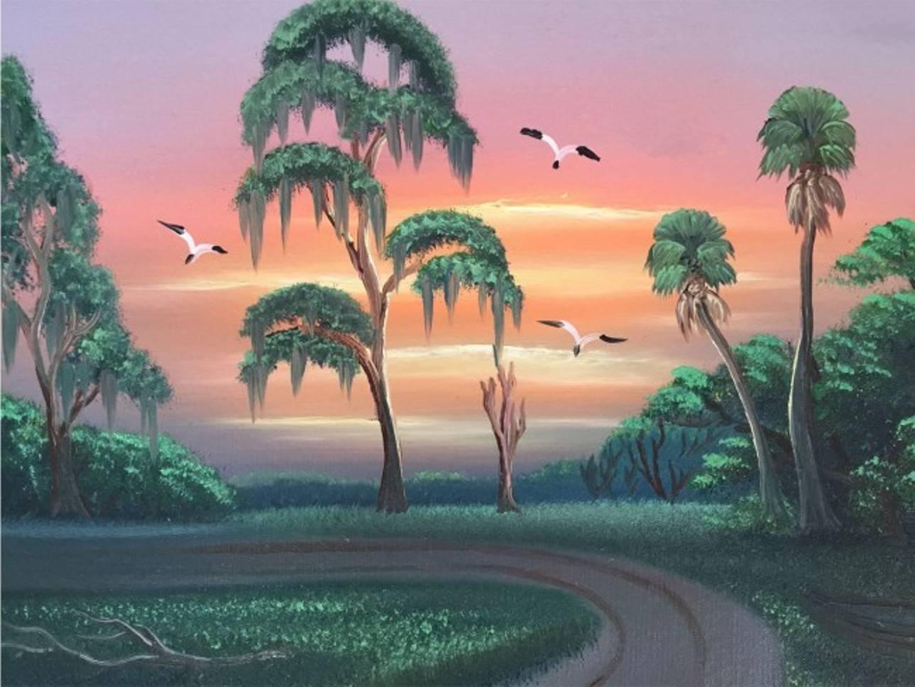 Hall of fame Florida highwaymen artist Al Black original acrylic on canvas board painting. Signed lower right in print, Al Black. Gorgeous Florida landscape expressed in a Classic Florida sunset setting with a vibrant pink and purple sky and emerald