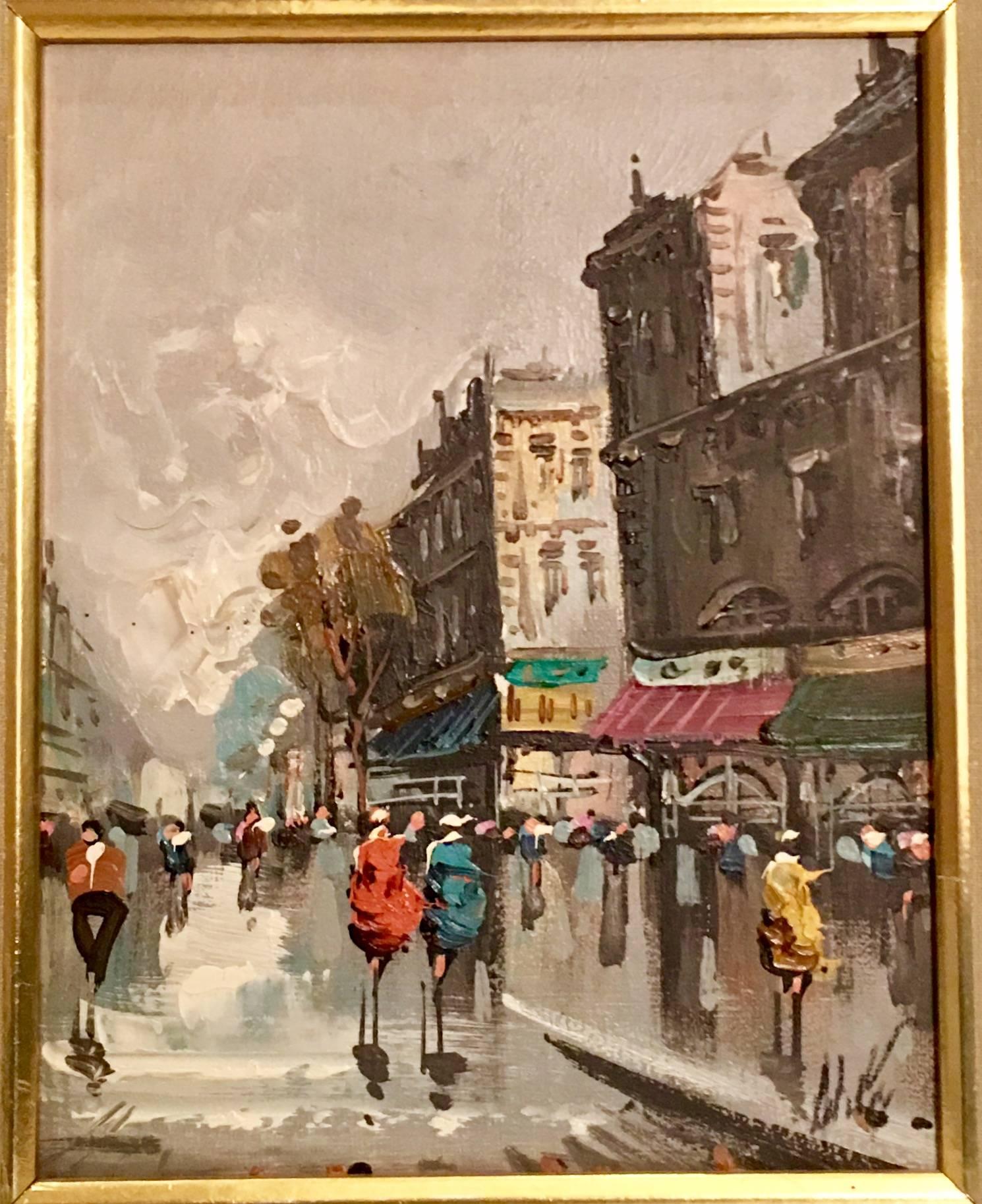 Pair of two 1950s, Paris street scene original paintings, oil on canvas by Antonio DeVity (1901–1993). Each is signed by the famed Italian artist, A. DeVity lower right. Original carved giltwood frames with silk and giltwood matte. Features studio