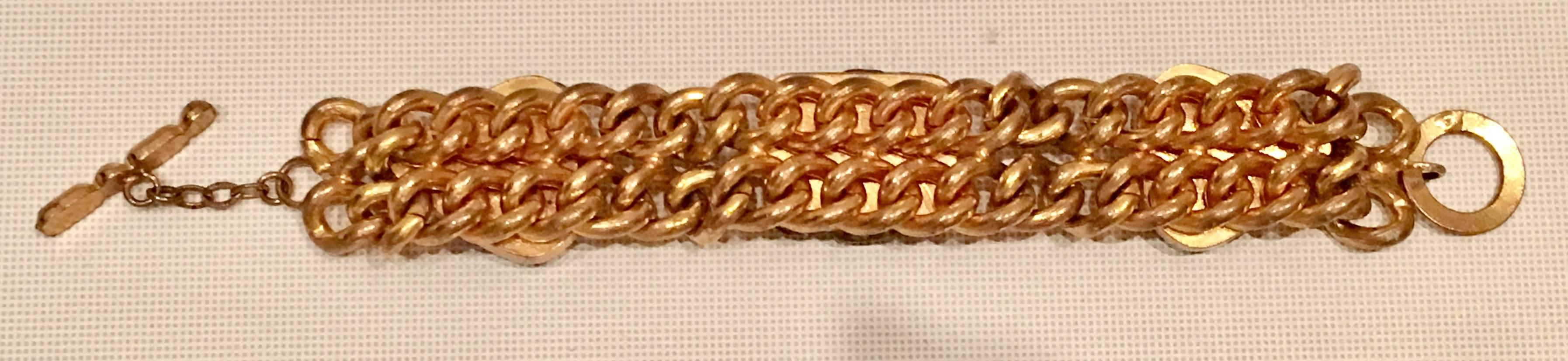 Vintage Double Gold Link Encased Glass Heart Bracelet For Sale 3