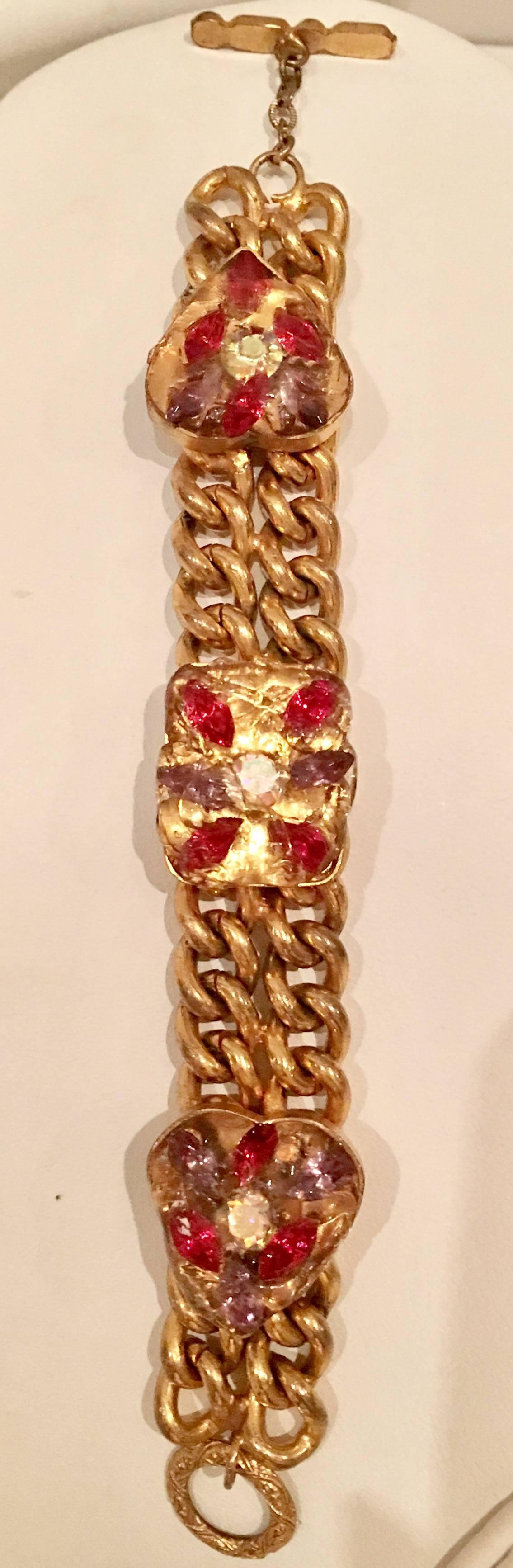 Vintage Double Gold Link Encased Glass Heart Bracelet For Sale 2