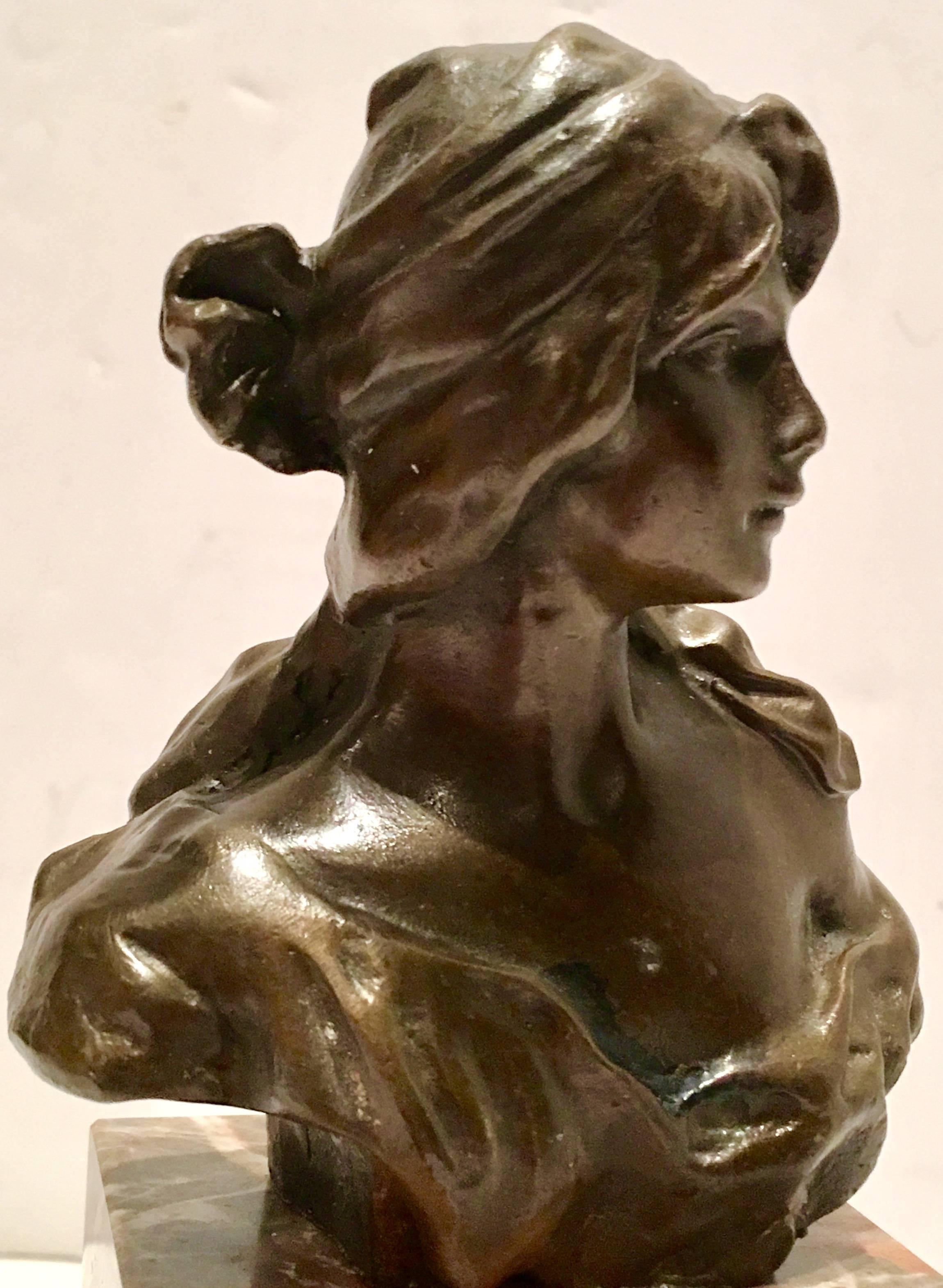 French Art Nouveau Style Bronze Female Bust Sculpture on Marble Stand 2