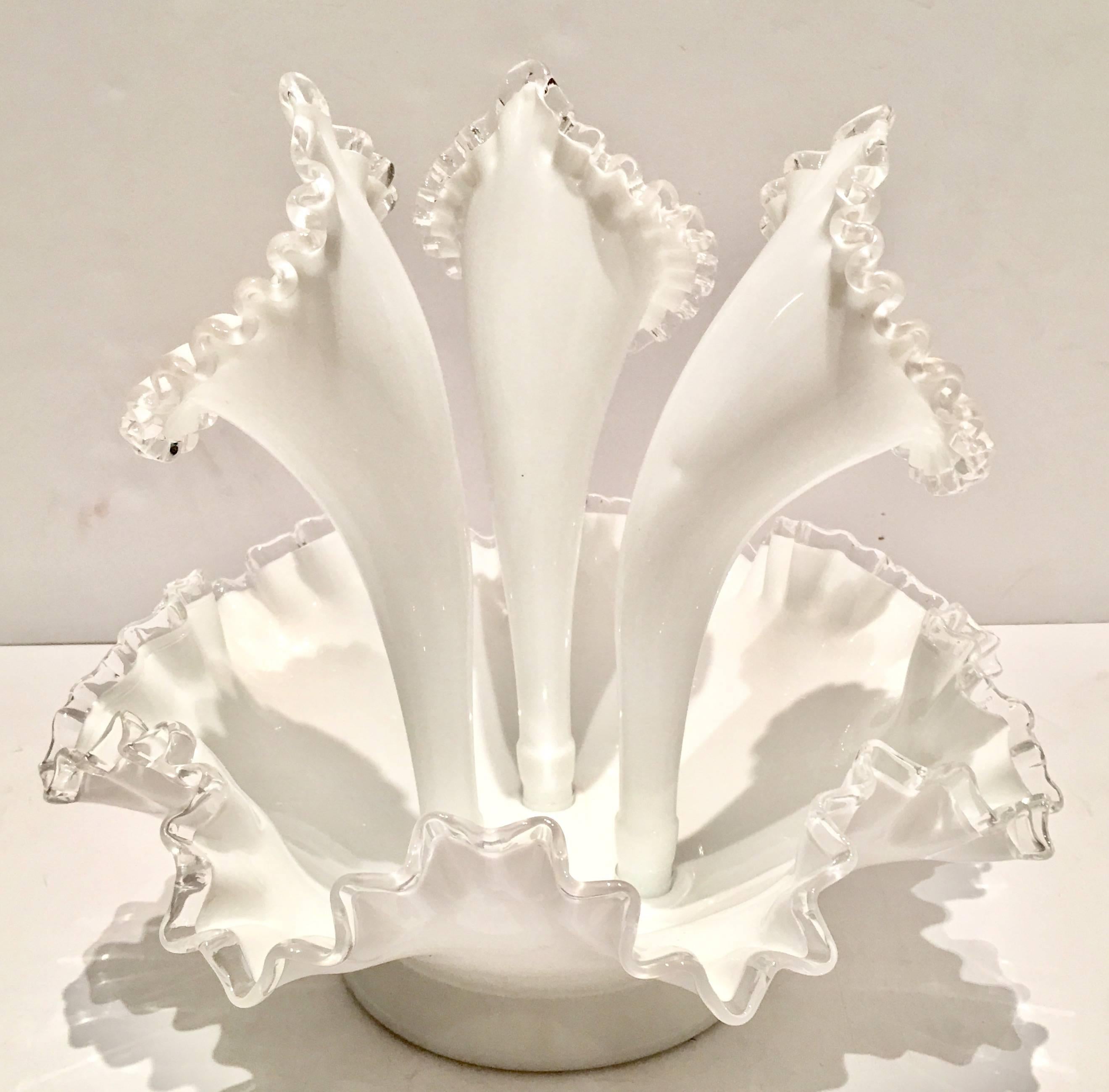 1950s large four-piece white opaque with clear rim detail Fenton art glass 