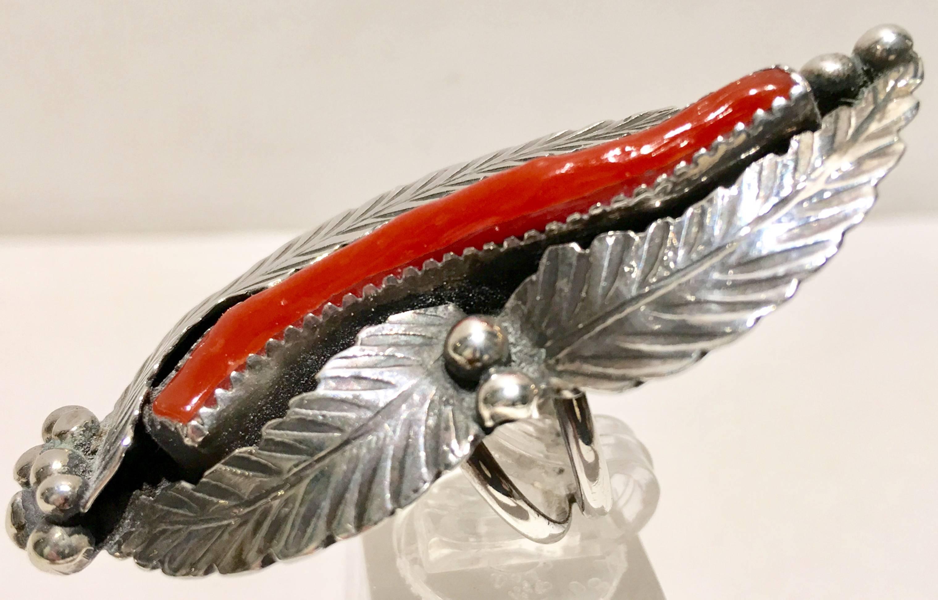 Navajo Sterling and Coral Feather Shadow Box Pea Pod Long FInger Ring In Excellent Condition In West Palm Beach, FL