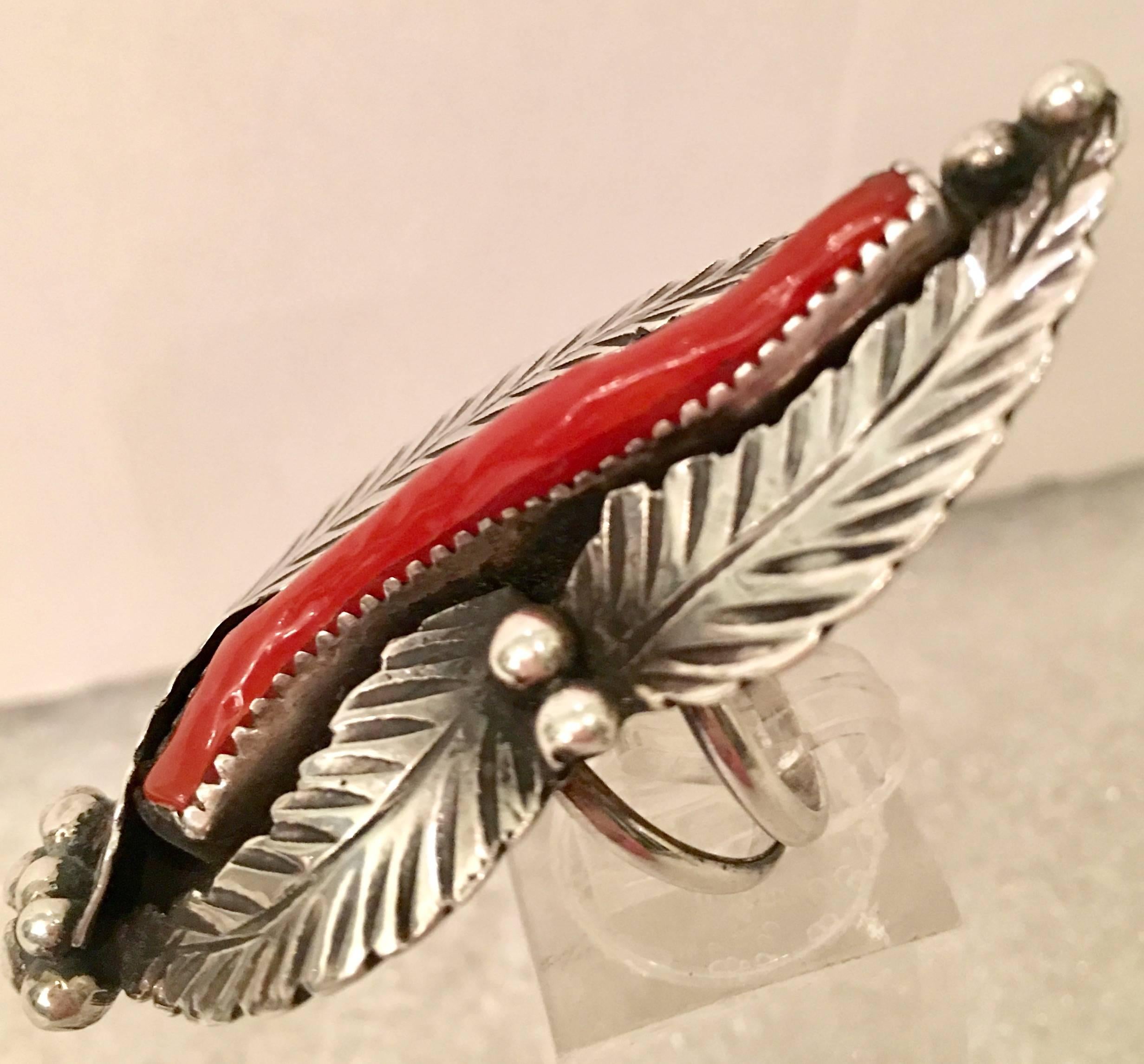Rare 1970s Navajo sterling silver and coral long shadow box pea pod ring. Measures: Ring size, 6.5, total weight, 14 grams.