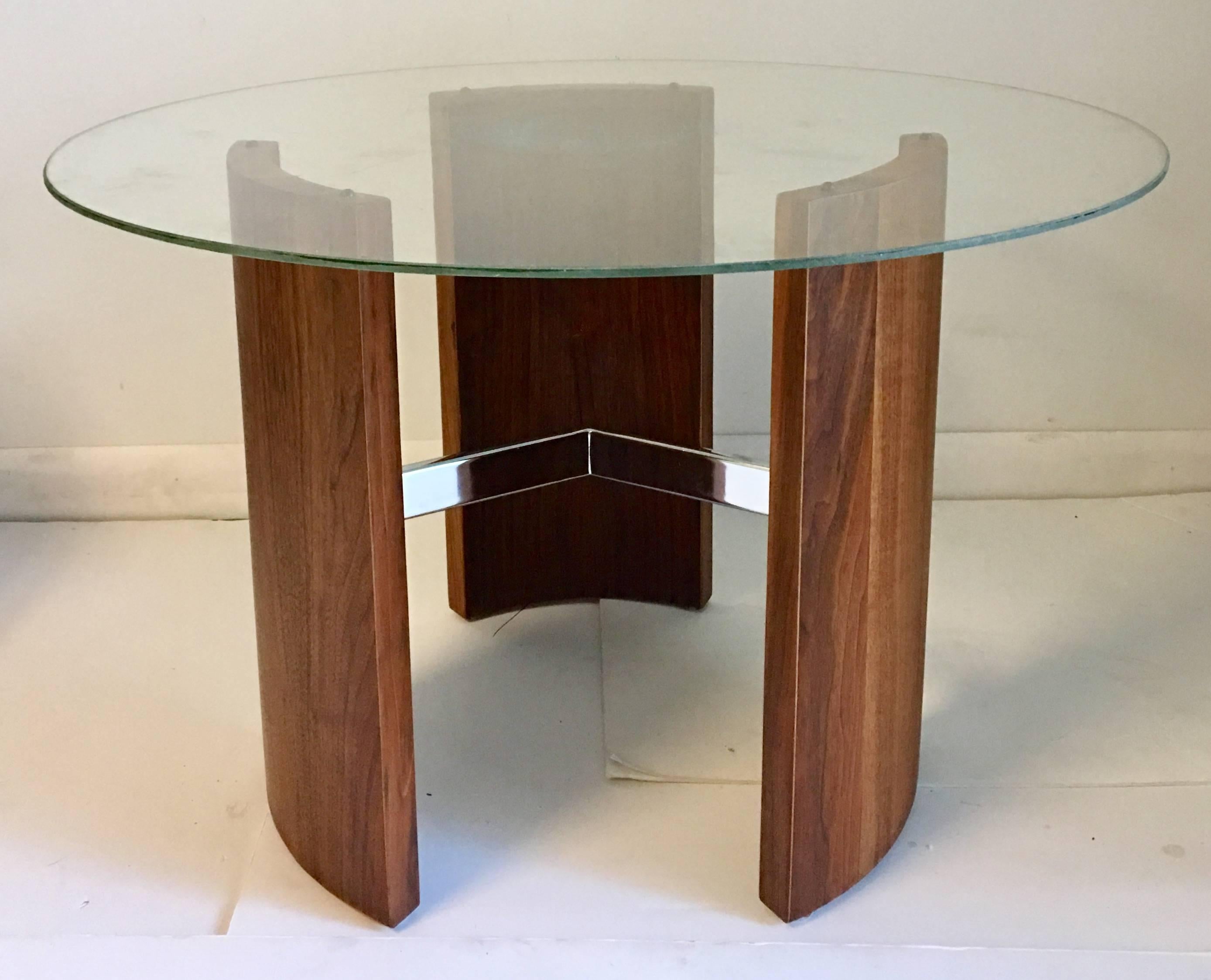 1950s "Radius" curved walnut wood and chrome cocktail or side table with glass top by, Vladimir Kagan. Base measures 20" inches diameter without glass top. Supports up to a 40" inch glass top. A new glass top will be custom cut