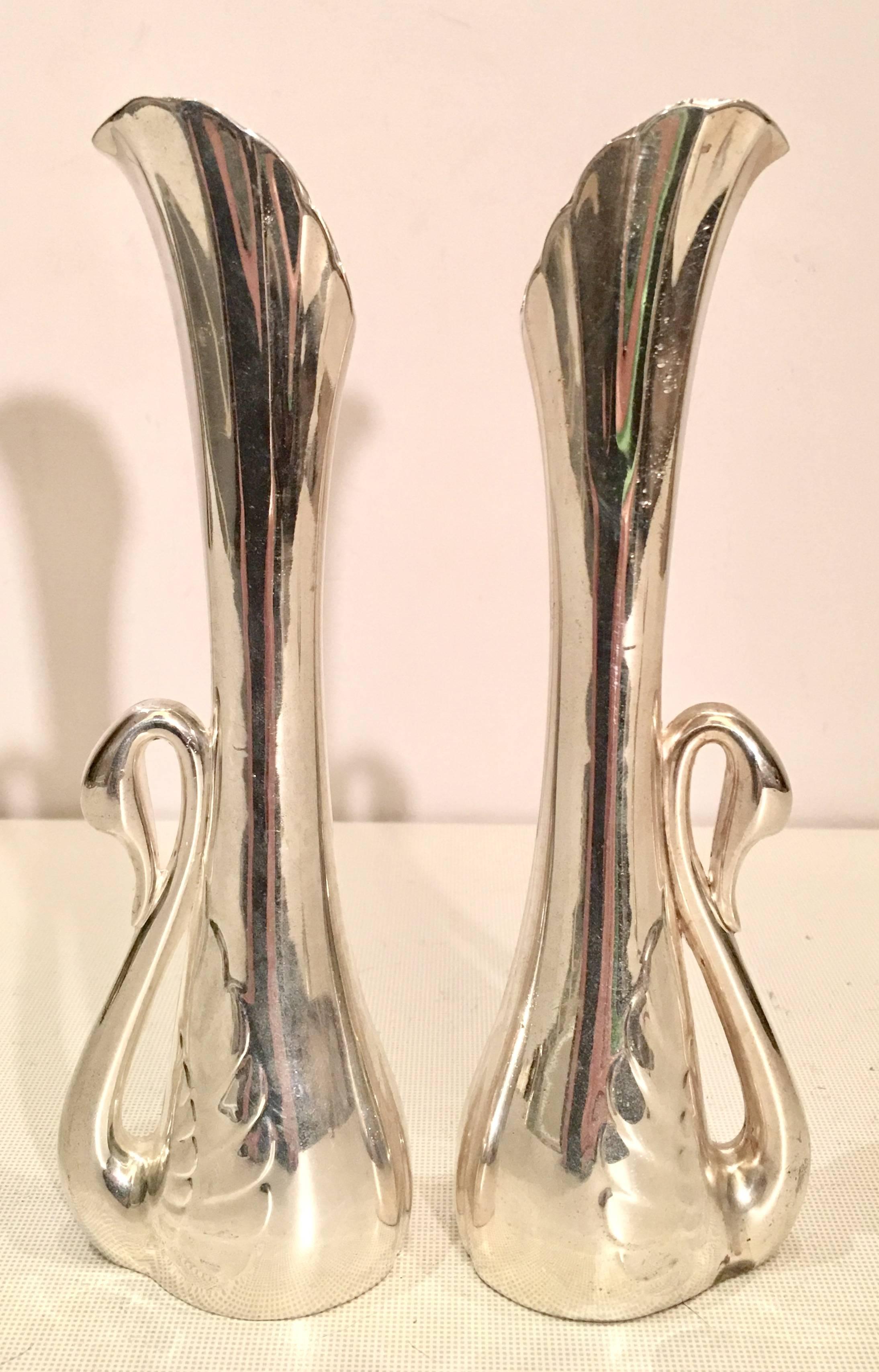 Art Nouveau shimmering silver plate figural swan bud vases. Fluted detail with long neck swan handles.