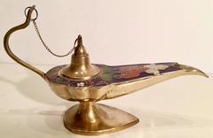 Mid-Century Brass & Cloisonne Genie Oil Lamp, Incense Burner