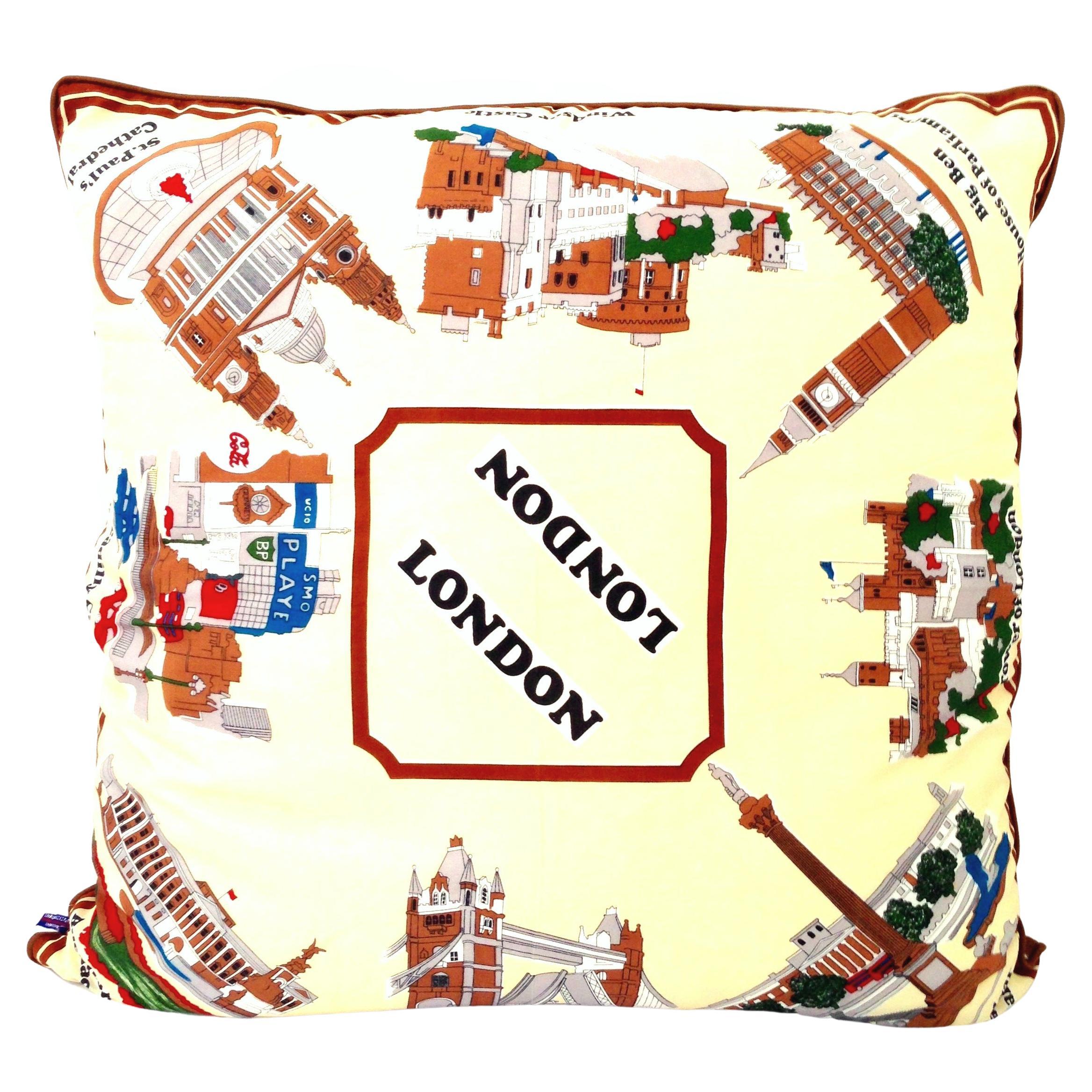 1960'S Custom Large London Travel Souvenir Silk Scarf Down Filled Pillow For Sale