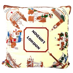 1960'S Custom Large London Travel Souvenir Silk Scarf Down Filled Pillow