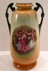 Austrian Porcelain Hand-Painted Two Handle Vase, "Oriental Dancers" Signed