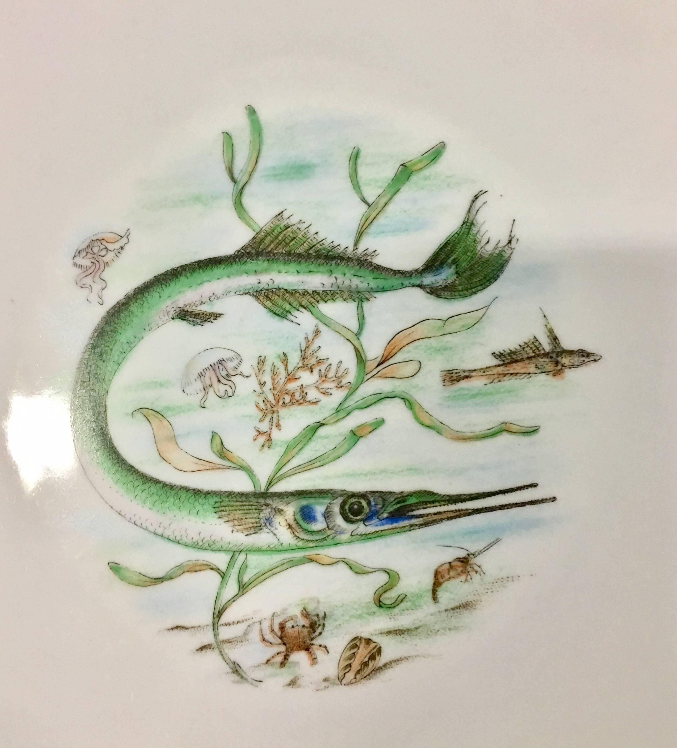 Mid-Century German Porcelain Hand-Painted Fish Serving Set of Seven For Sale 1