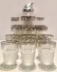 Art Deco Sterling Silver Overlay Frosted "Rings" Glass Drinks Set of 21 Pieces