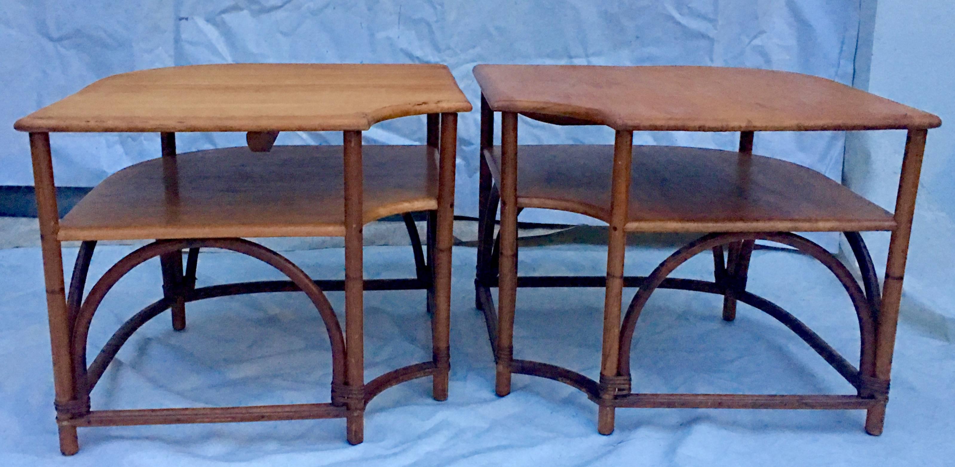 Mid-Century Modern Mid-20th Century Pair Of Teak & Rattan Two-Tier Side Tables For Sale