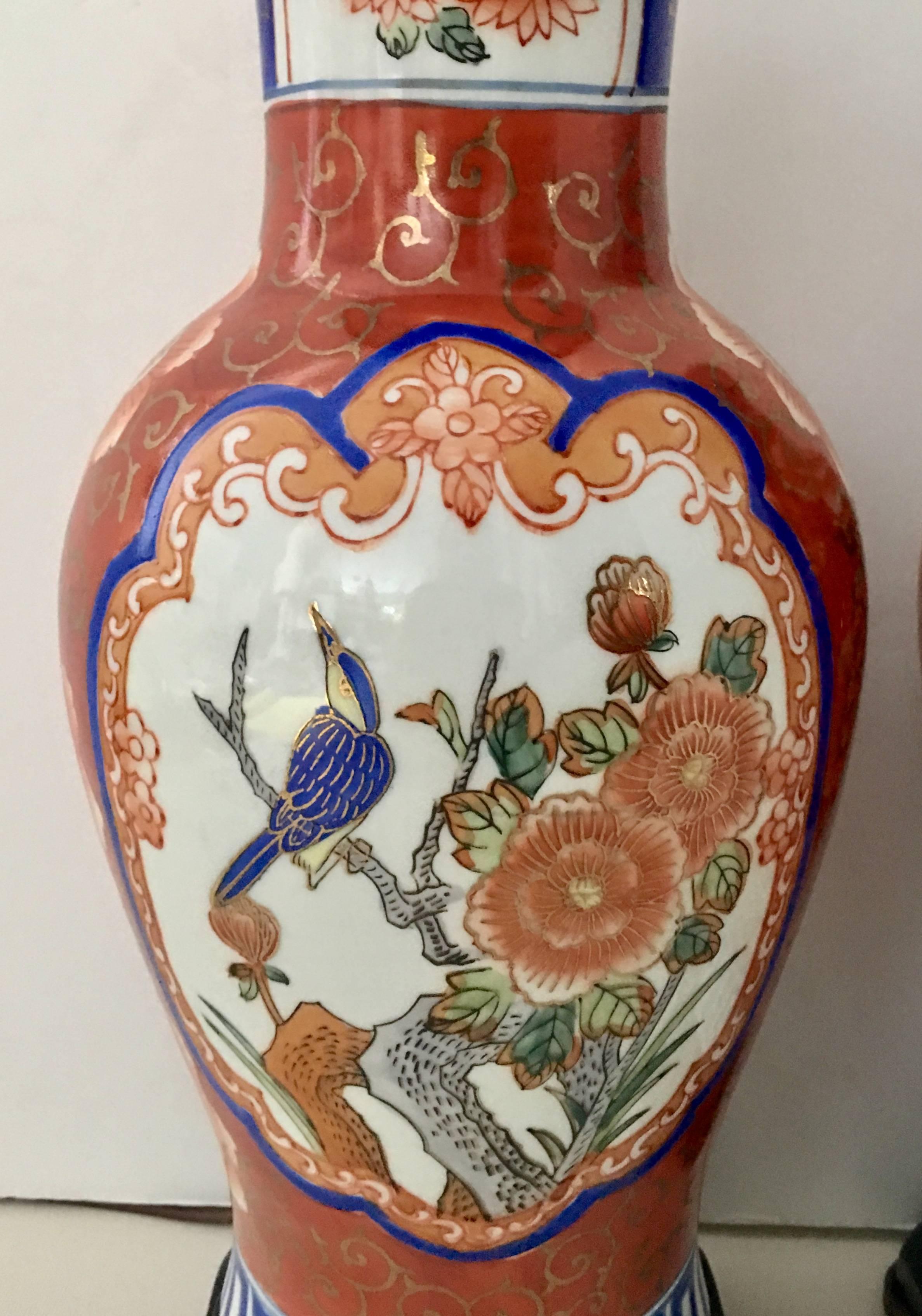 Asian Pair of Mid-Century Hand-Painted Porcelain Imari Vase Lamps