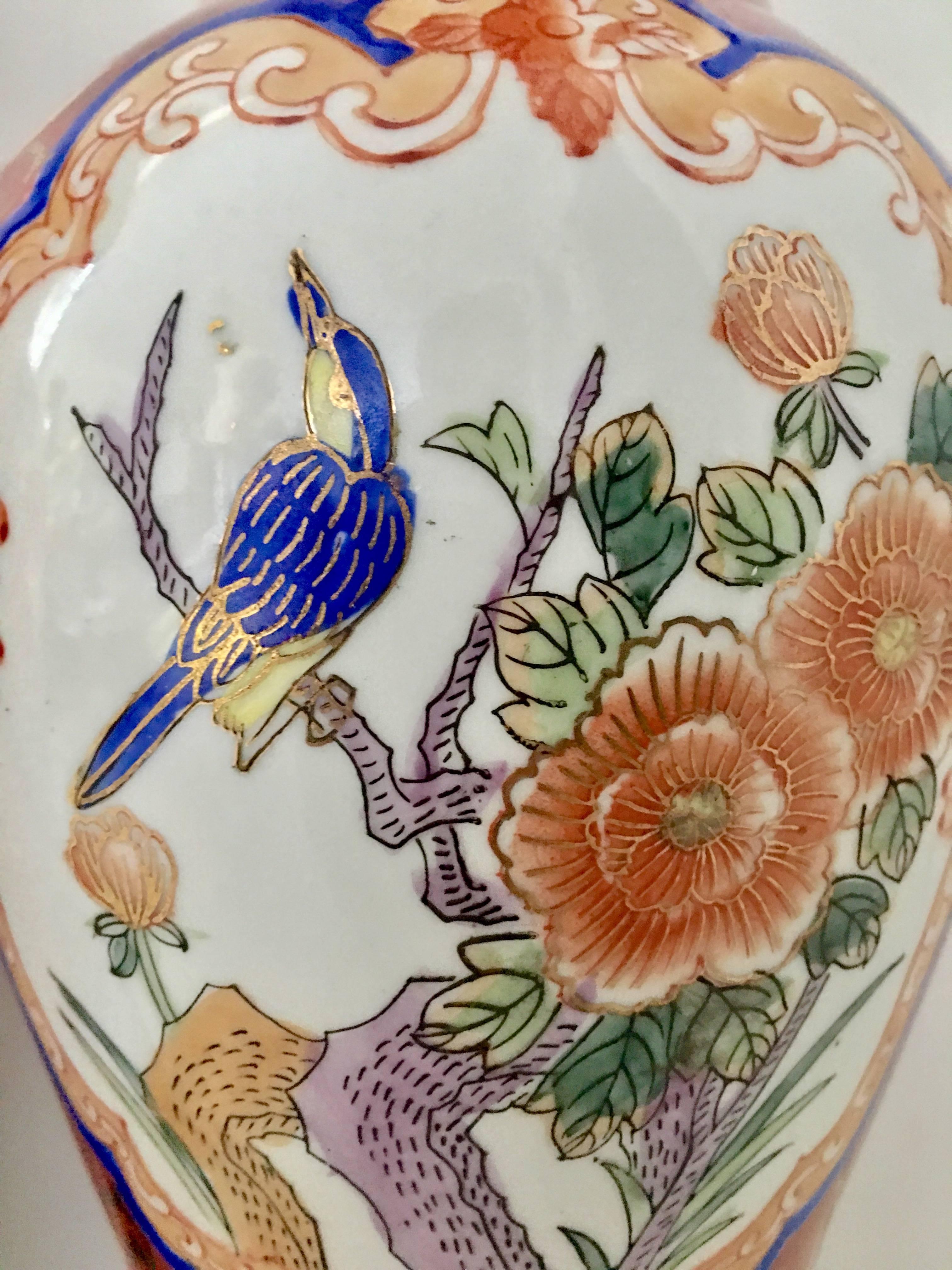 Brass Pair of Mid-Century Hand-Painted Porcelain Imari Vase Lamps