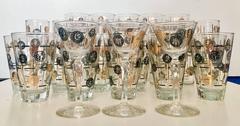 Mid-Century Modern Black & 22K Gold "Coins" Glass Drinks S/27