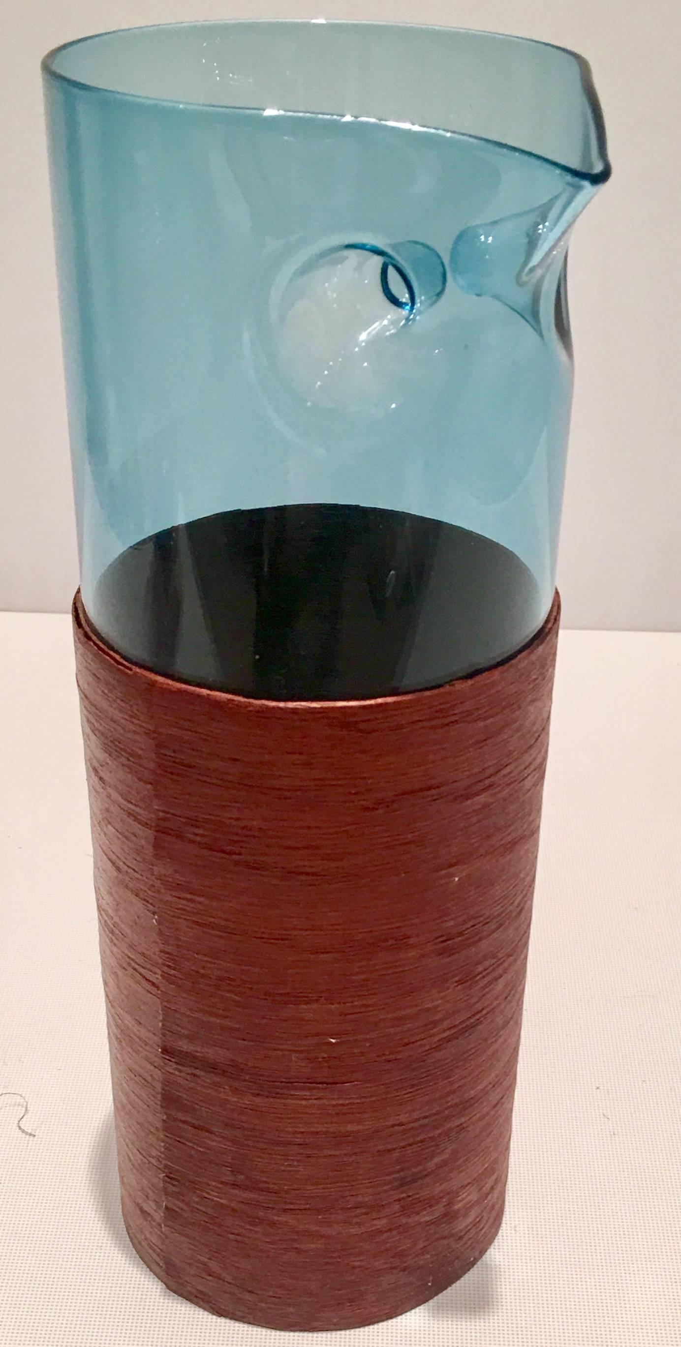 Fantastic Mid-Century Modern bentwood wrapped blue glass spouted 