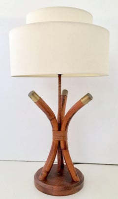 Mid-Century Rattan & Brass Leather Wrap Lamp By Ficks Reed